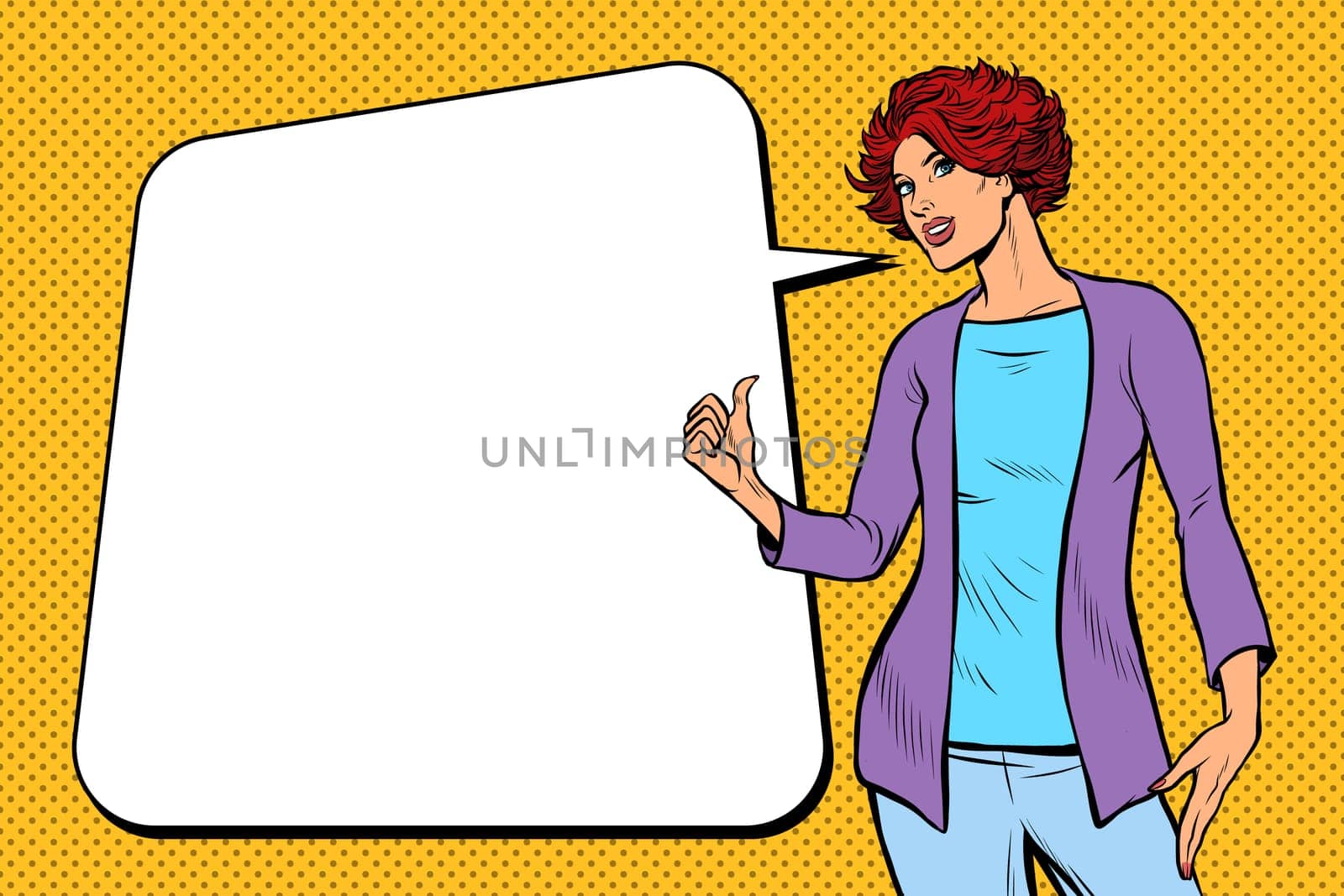 woman advertises presents. Pop art retro vector illustration drawing vintage kitsch