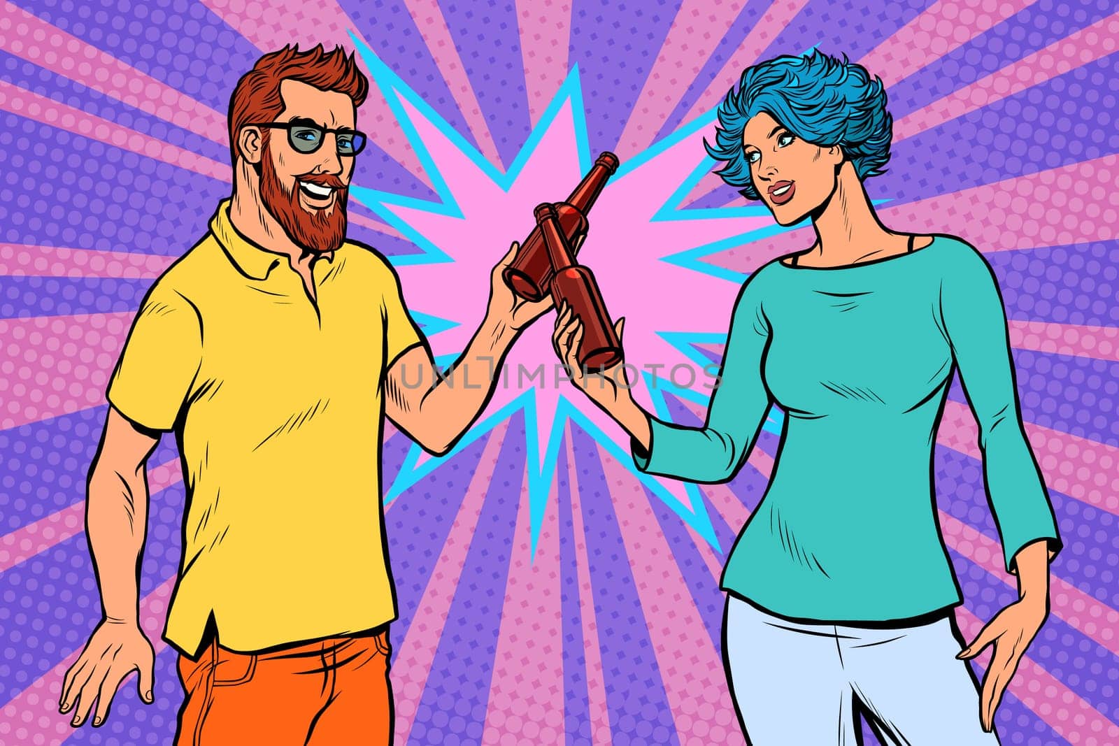 a couple of lovers cheers a bottle of beer. husband and wife family date. Pop art retro vector illustration drawing vintage kitsch