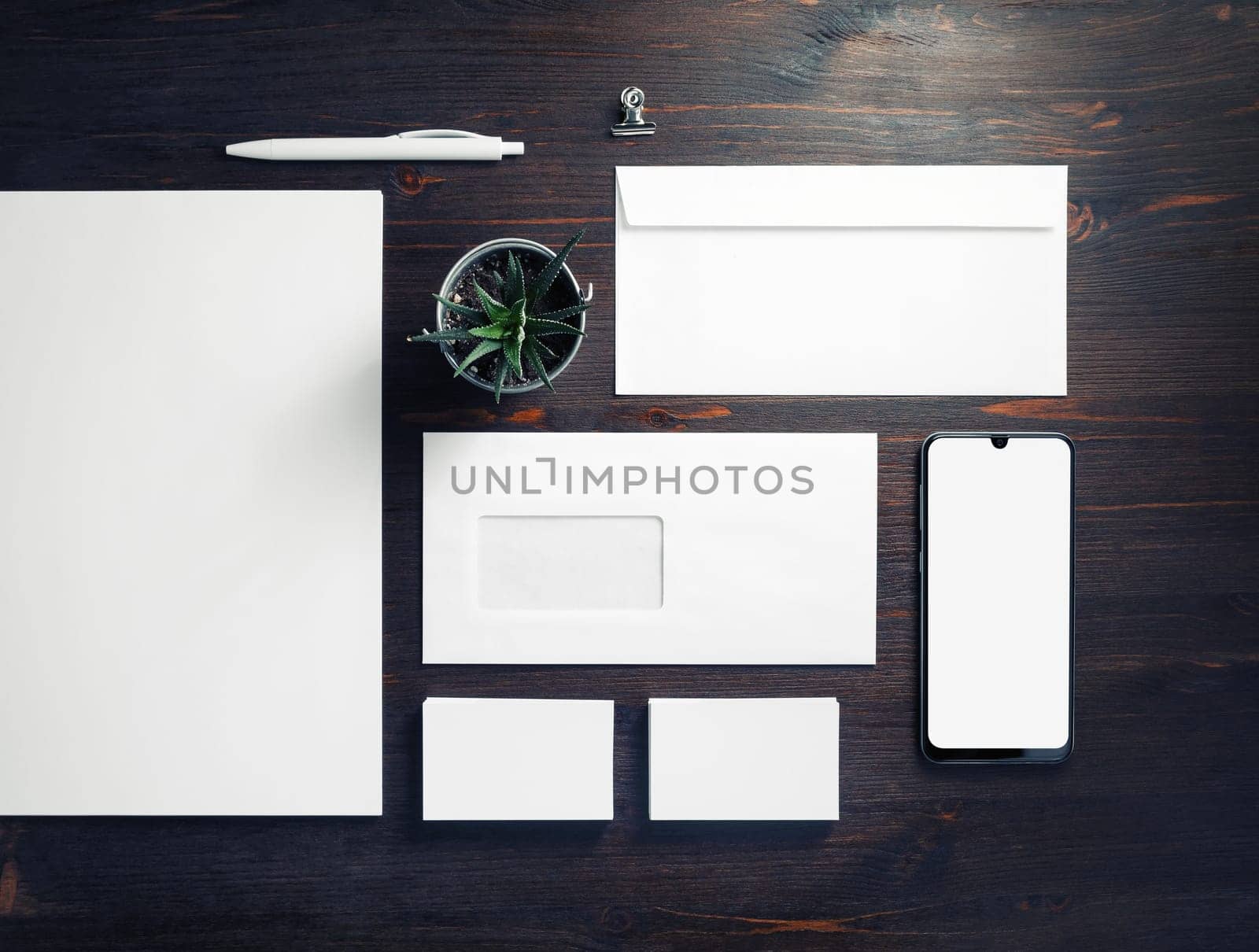 Corporate identity template. Blank stationery mock up on wooden background. Flat lay.
