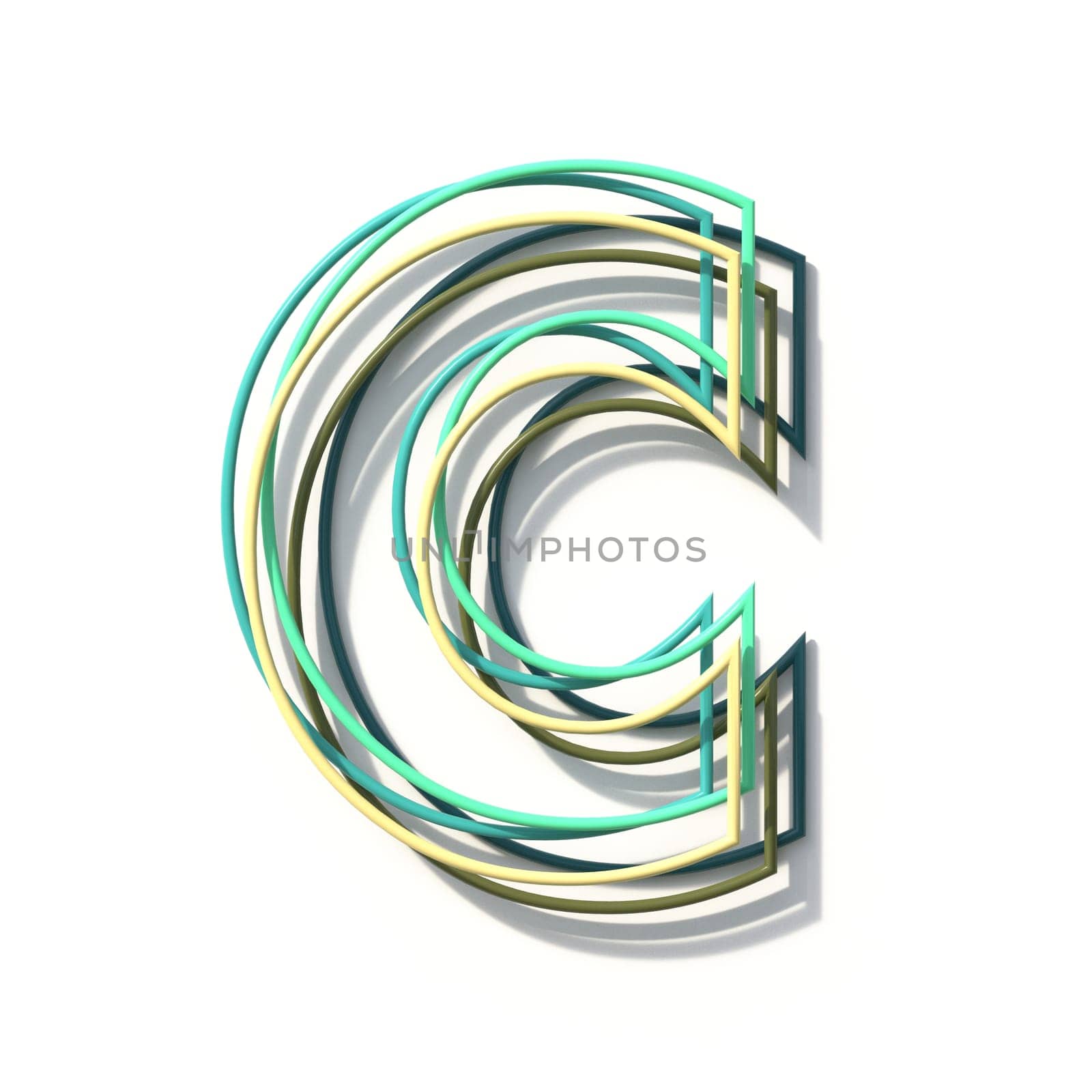 Three colors line font Letter C 3D rendering illustration isolated on white background