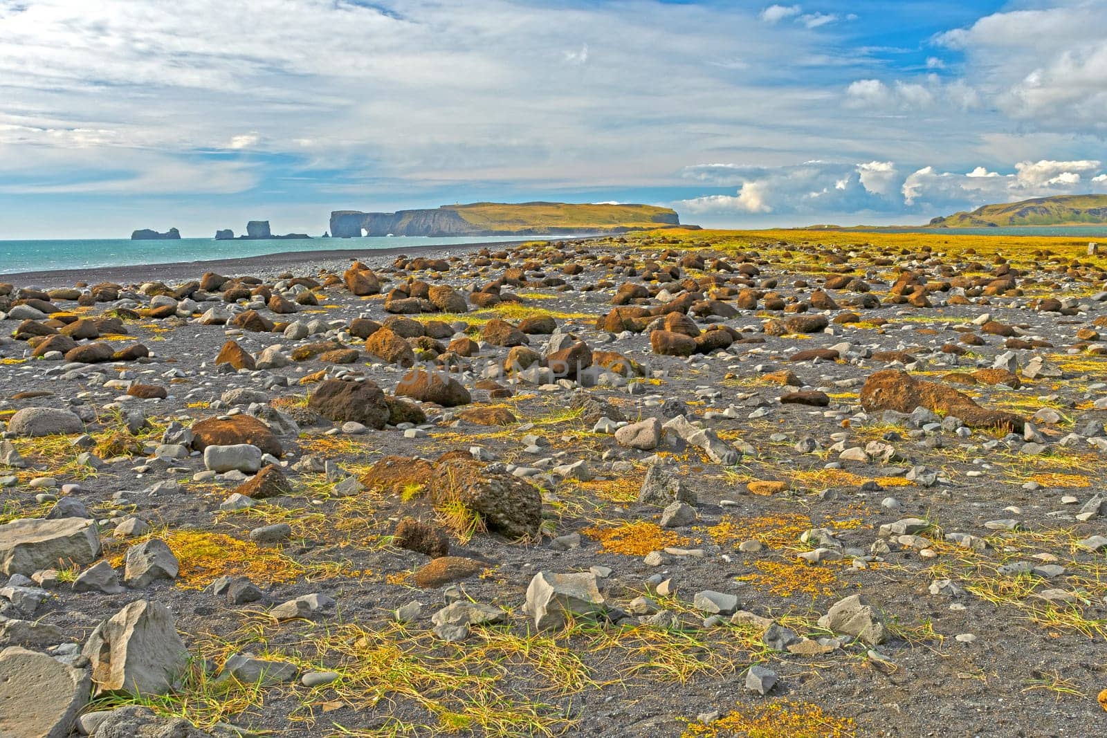 Jumbled Volcanic Rocks on Black Sand Reynisfjara Beach near Vik, Iceland