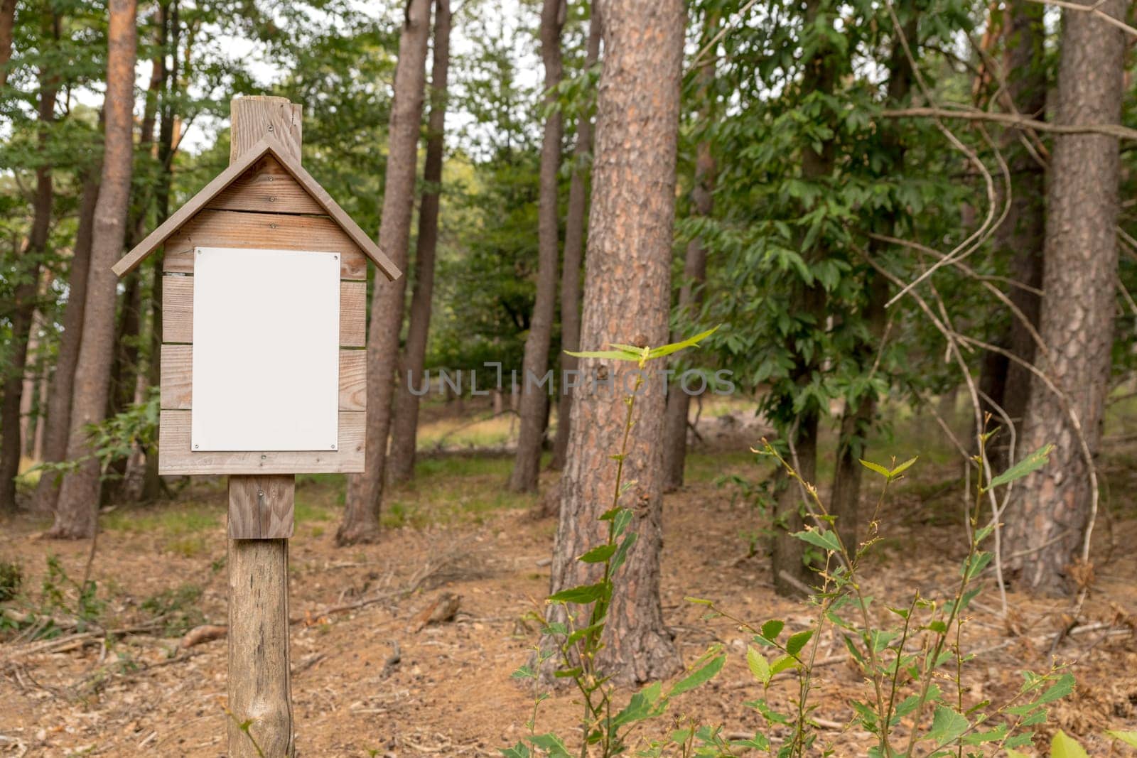 Unlabeled white sign on a wooden board with a small roof. Screwed to a wooden stake in the woods