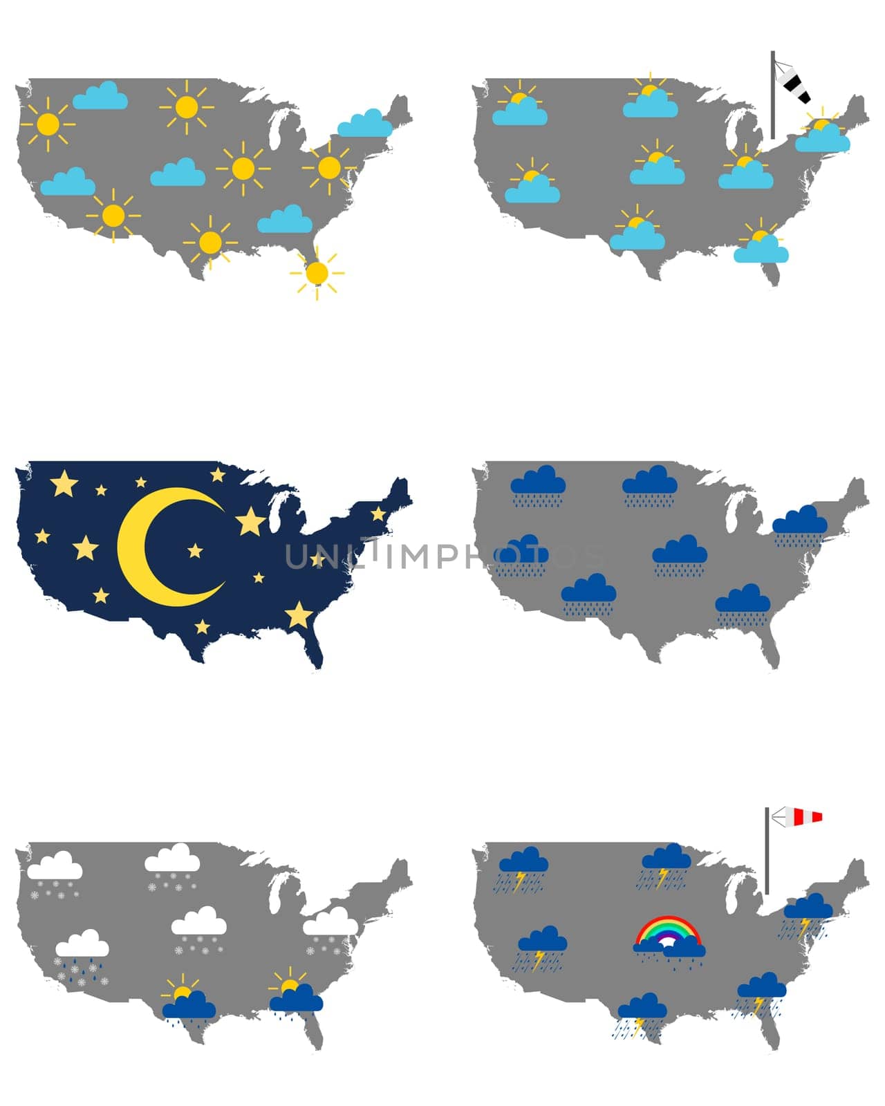 Karten der USA mit verschiedenen Wettersymbolen