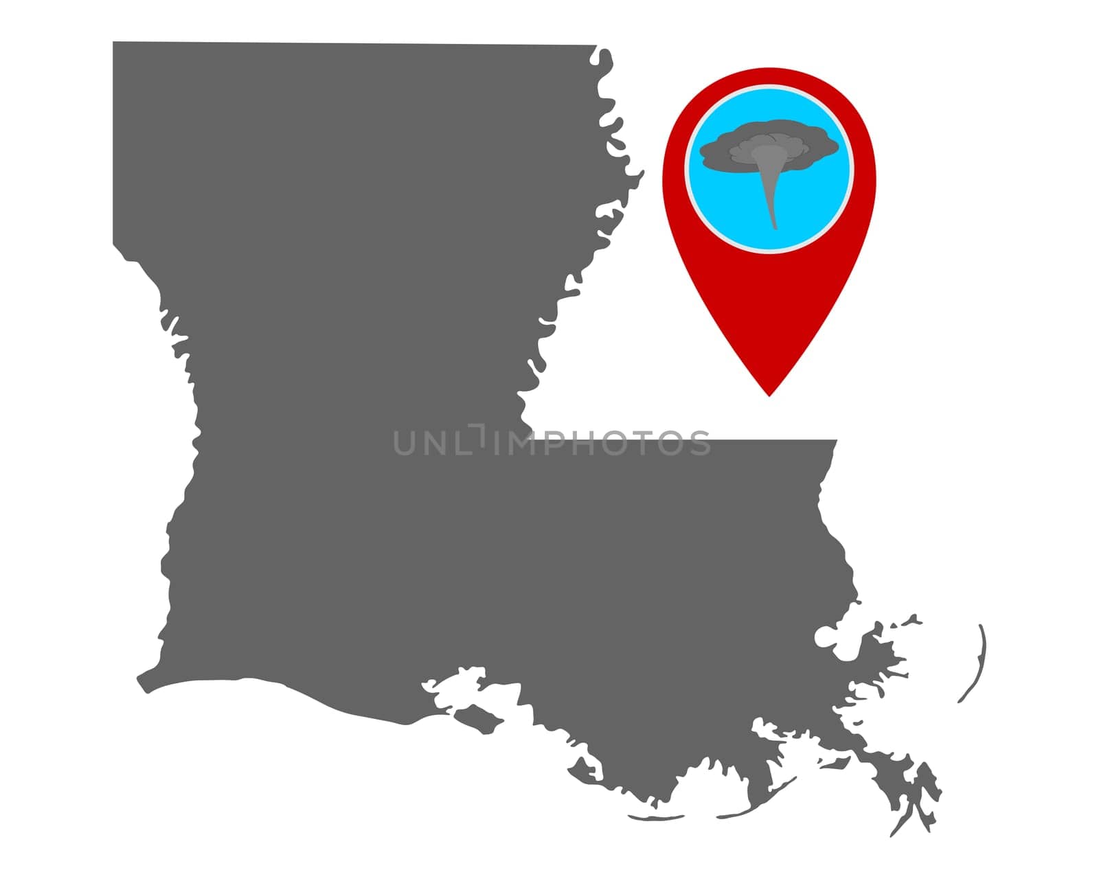 Karte von Louisiana und Pin Tornadowarnung