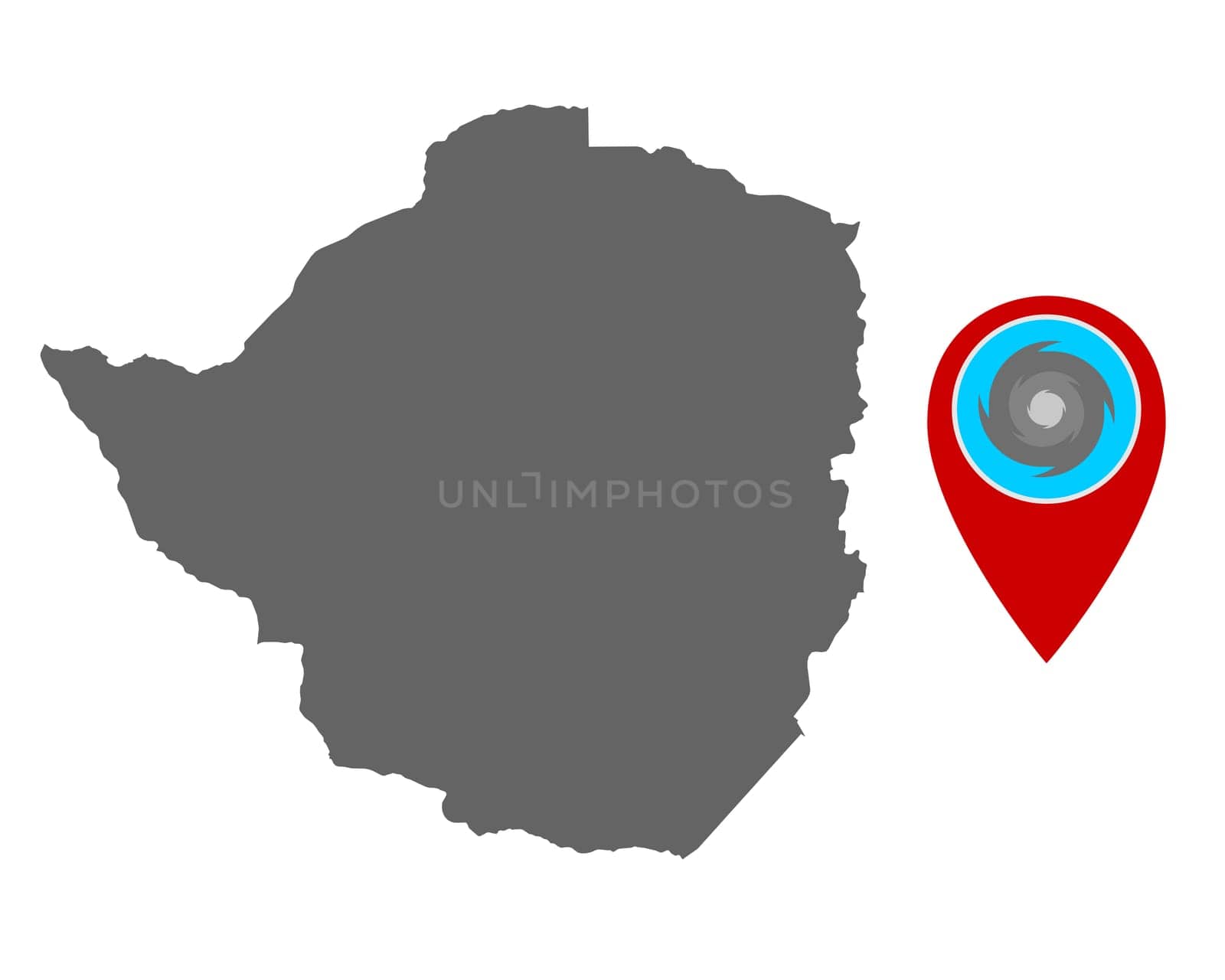 Karte von Simbabwe und Pin mit Hurrikanwarnung