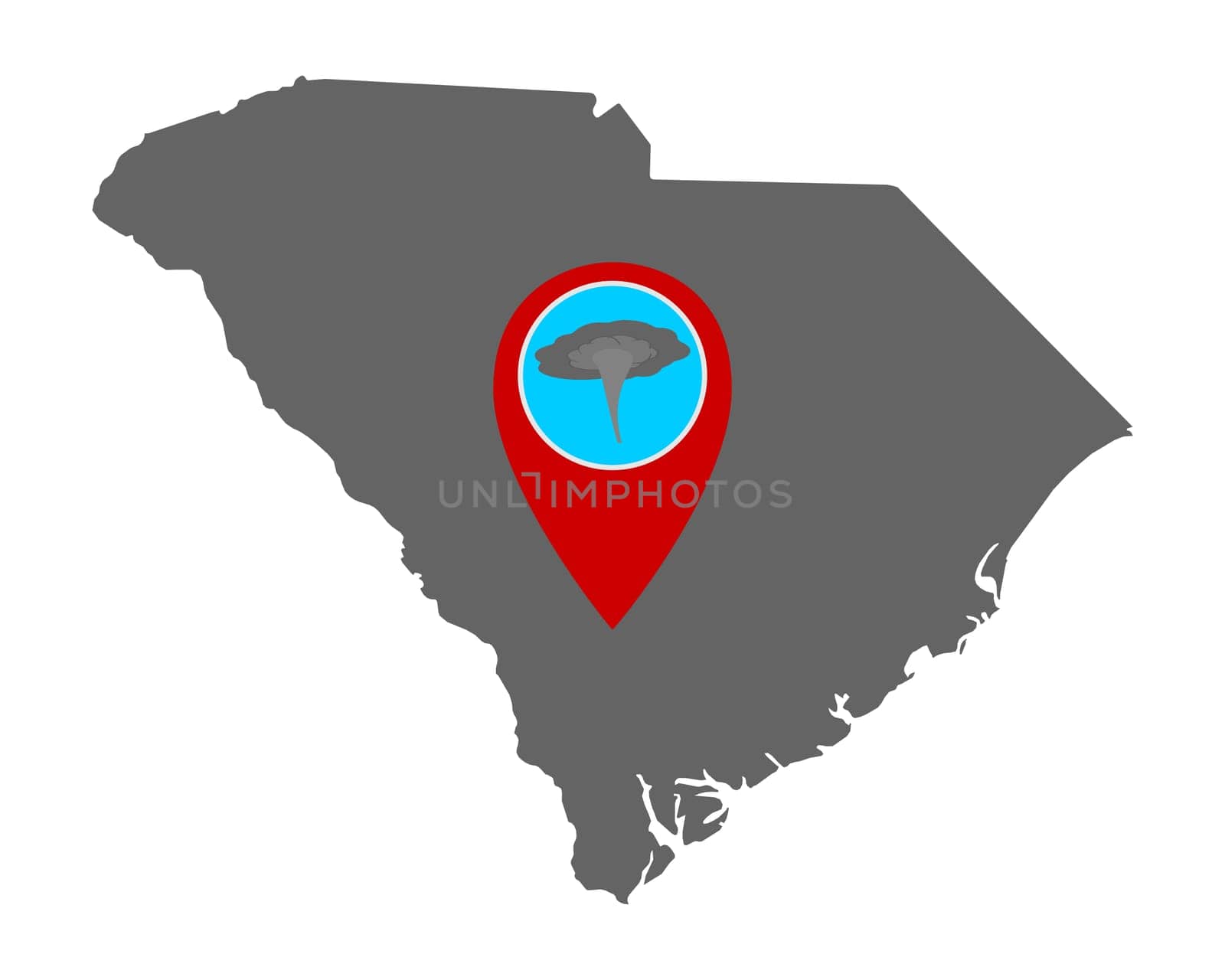 Karte von South Carolina und Pin Tornadowarnung