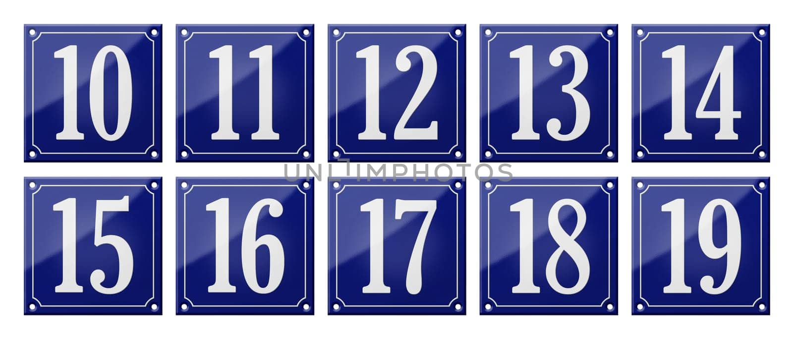 Set of traditional blue enamel signs - Numbers 10- 19