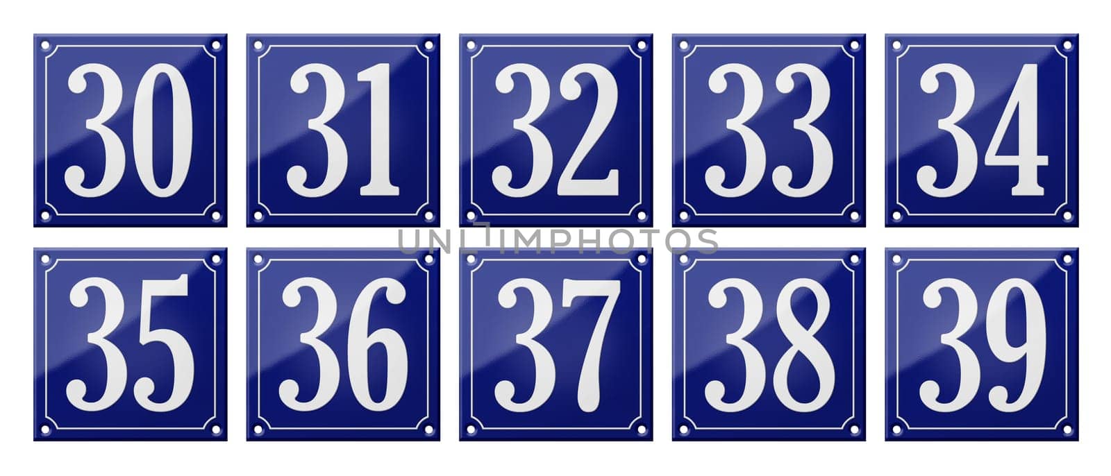 Set of traditional blue enamel signs - Numbers 30- 39