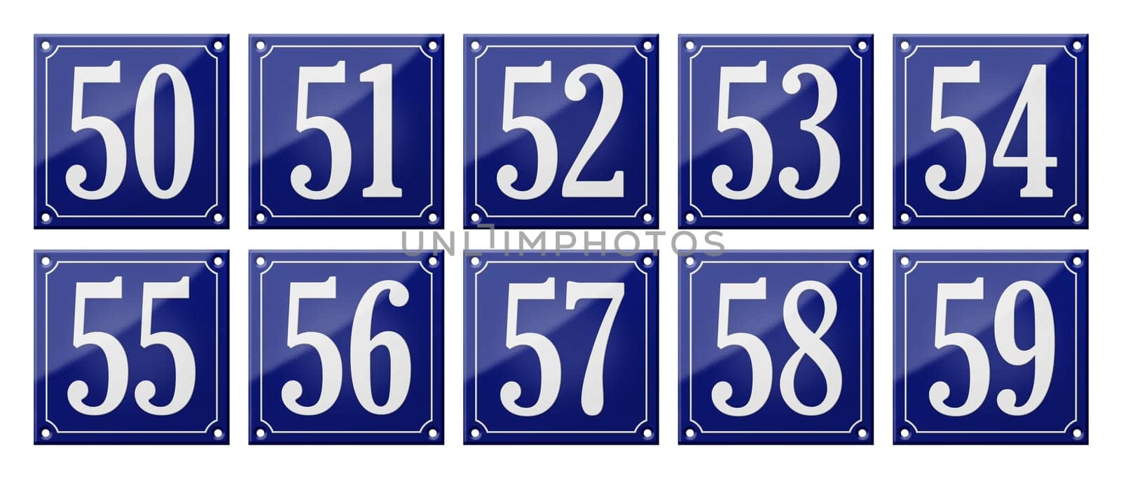 Set of traditional blue enamel signs - Numbers 50- 59