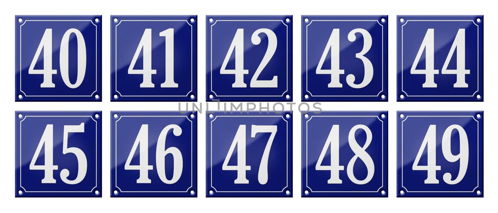 Set of traditional blue enamel signs - Numbers 40- 49