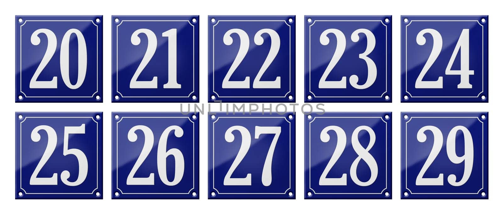 Set of traditional blue enamel signs - Numbers 20- 29