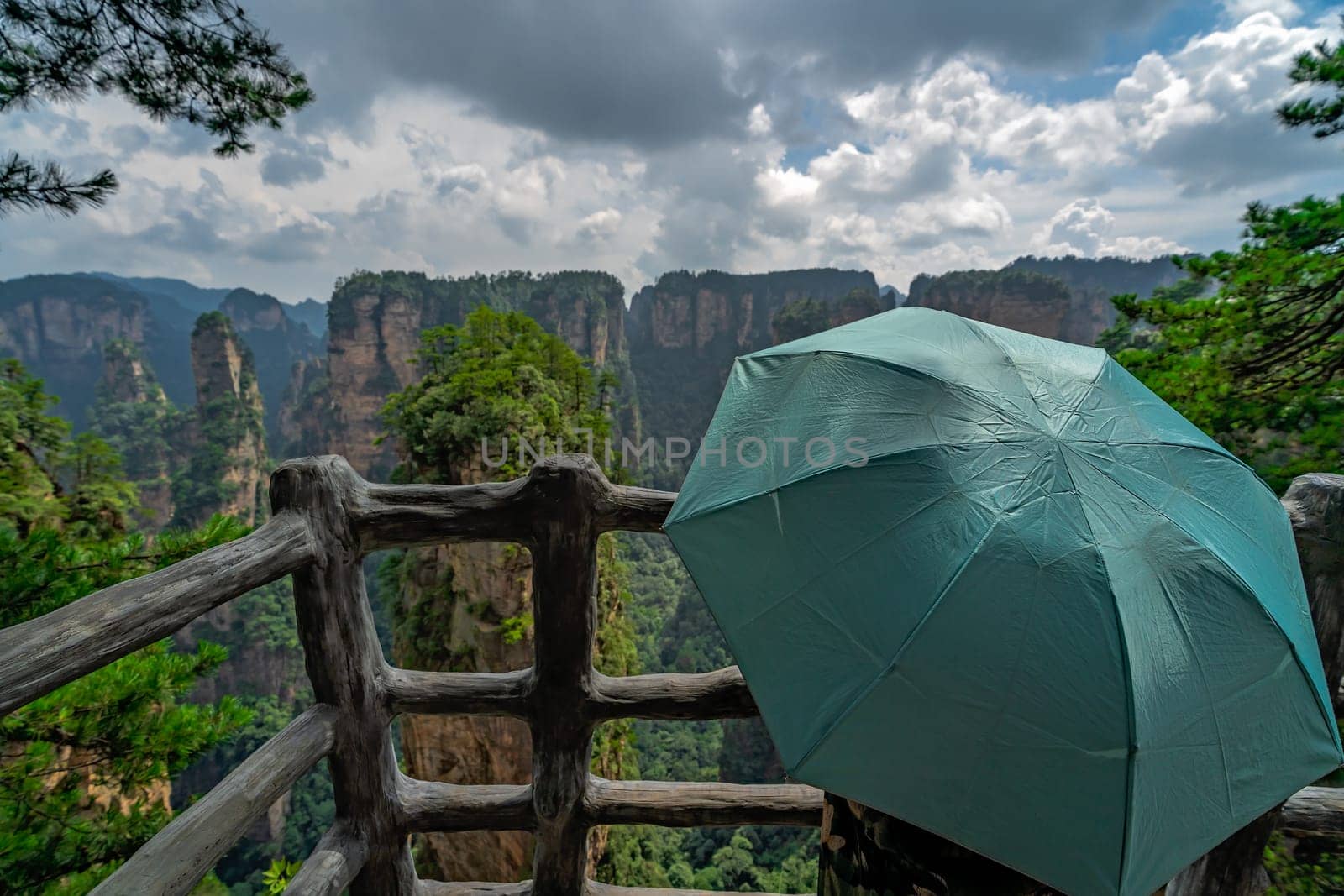 Tourist holding green umbrella admiring the view and  on the scenic viewpoint, Avatar mountains nature park, Zhangjiajie, China