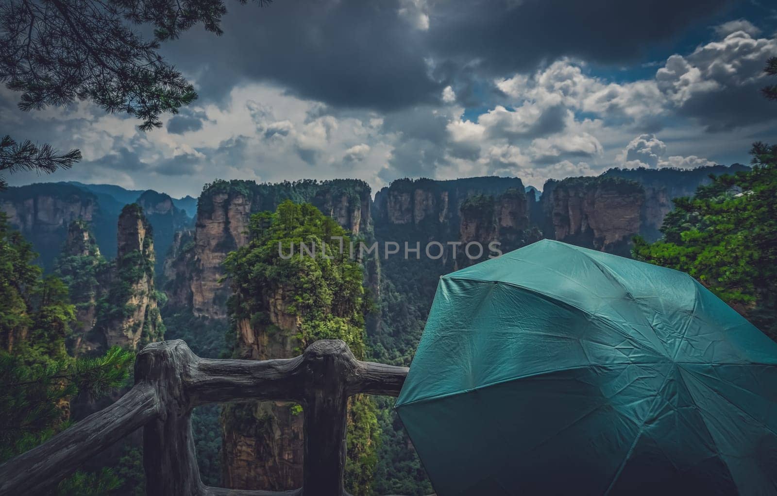 Tourist holding green umbrella admiring the view and  on the scenic viewpoint, Avatar mountains nature park, Zhangjiajie, China