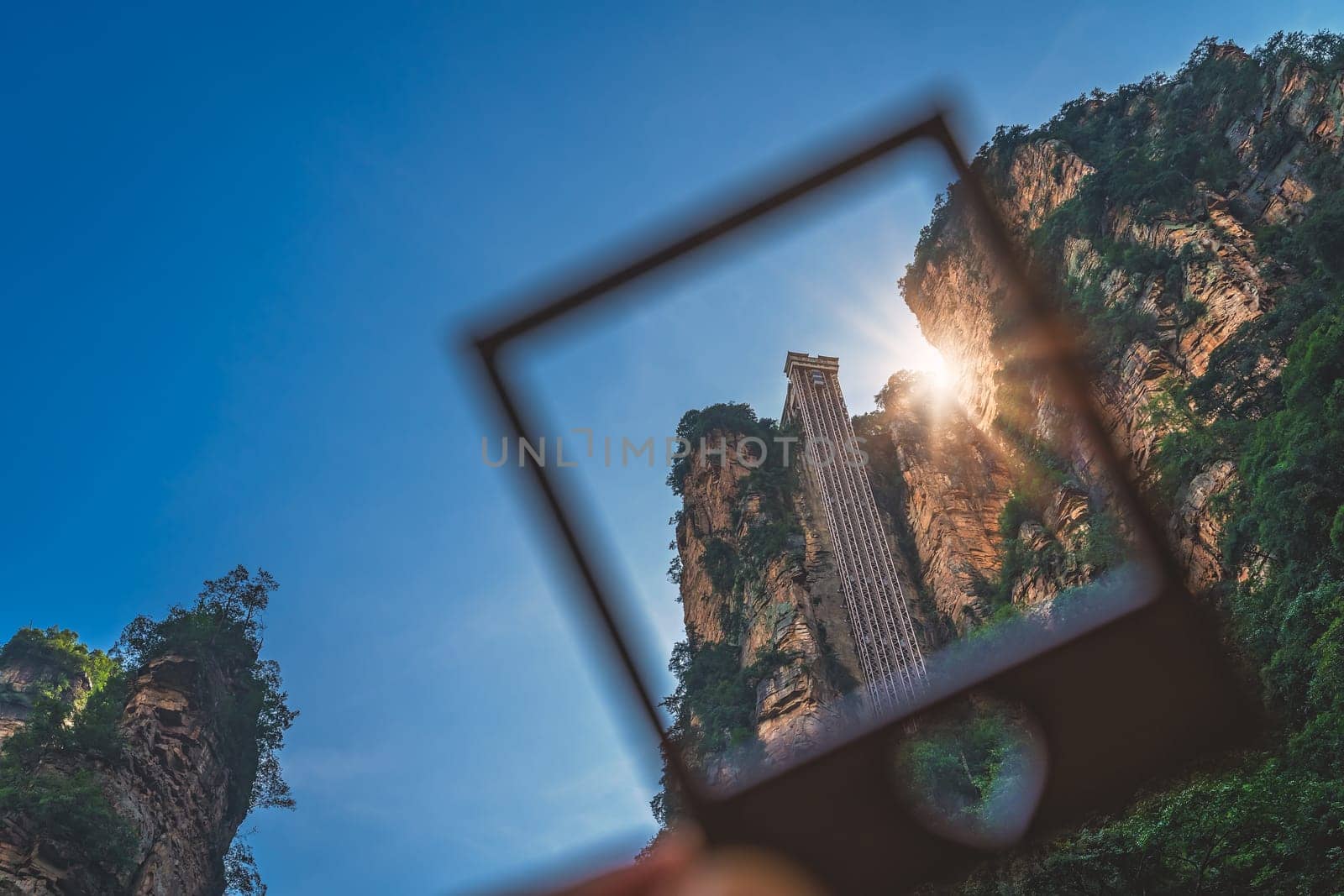 Framed image of a Bailong Elevator lift, Avatar mountains nature park, Zhangjiajie, Hunan Province, China