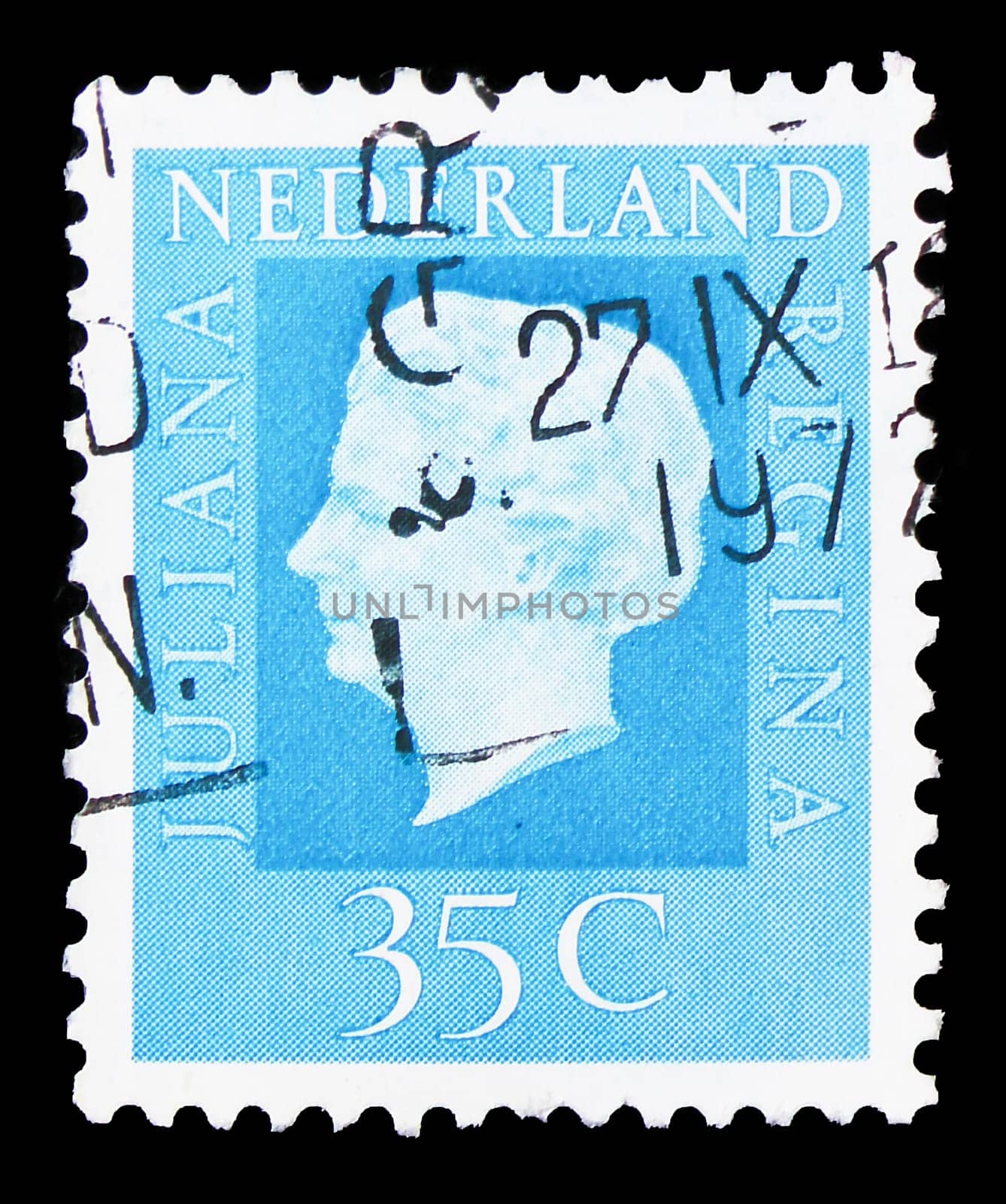 MOSCOW, RUSSIA - AUGUST 8, 2019: Postage stamp printed in Netherlands shows Queen Juliana (1909-2004), Type 'Regina' serie, circa 1972