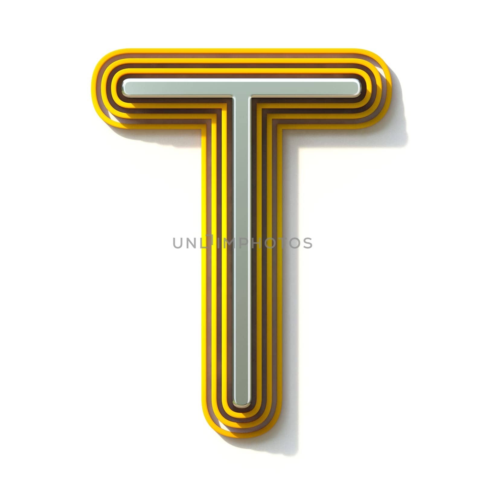 Yellow outlined font letter T 3D render illustration isolated on white background