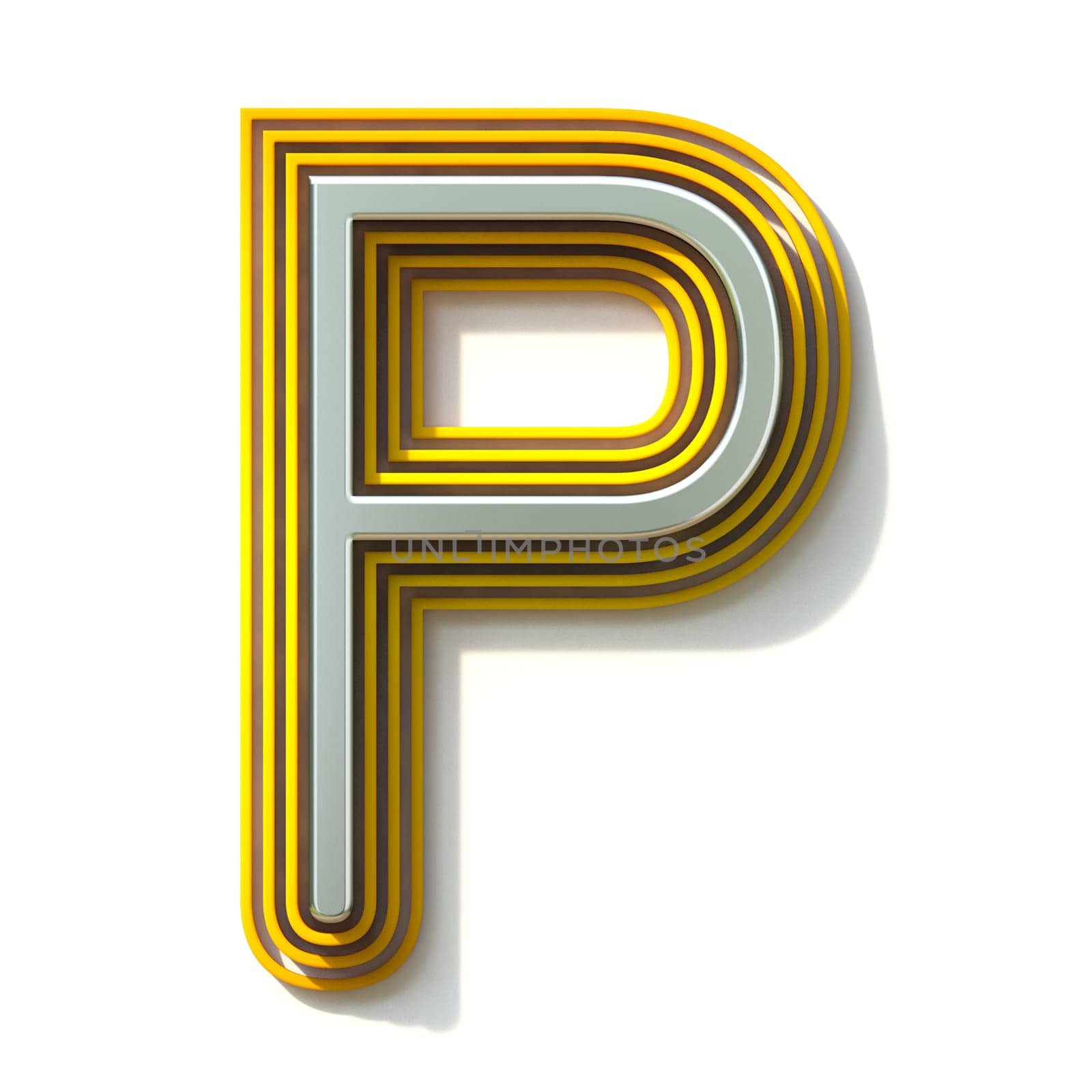 Yellow outlined font letter P 3D render illustration isolated on white background