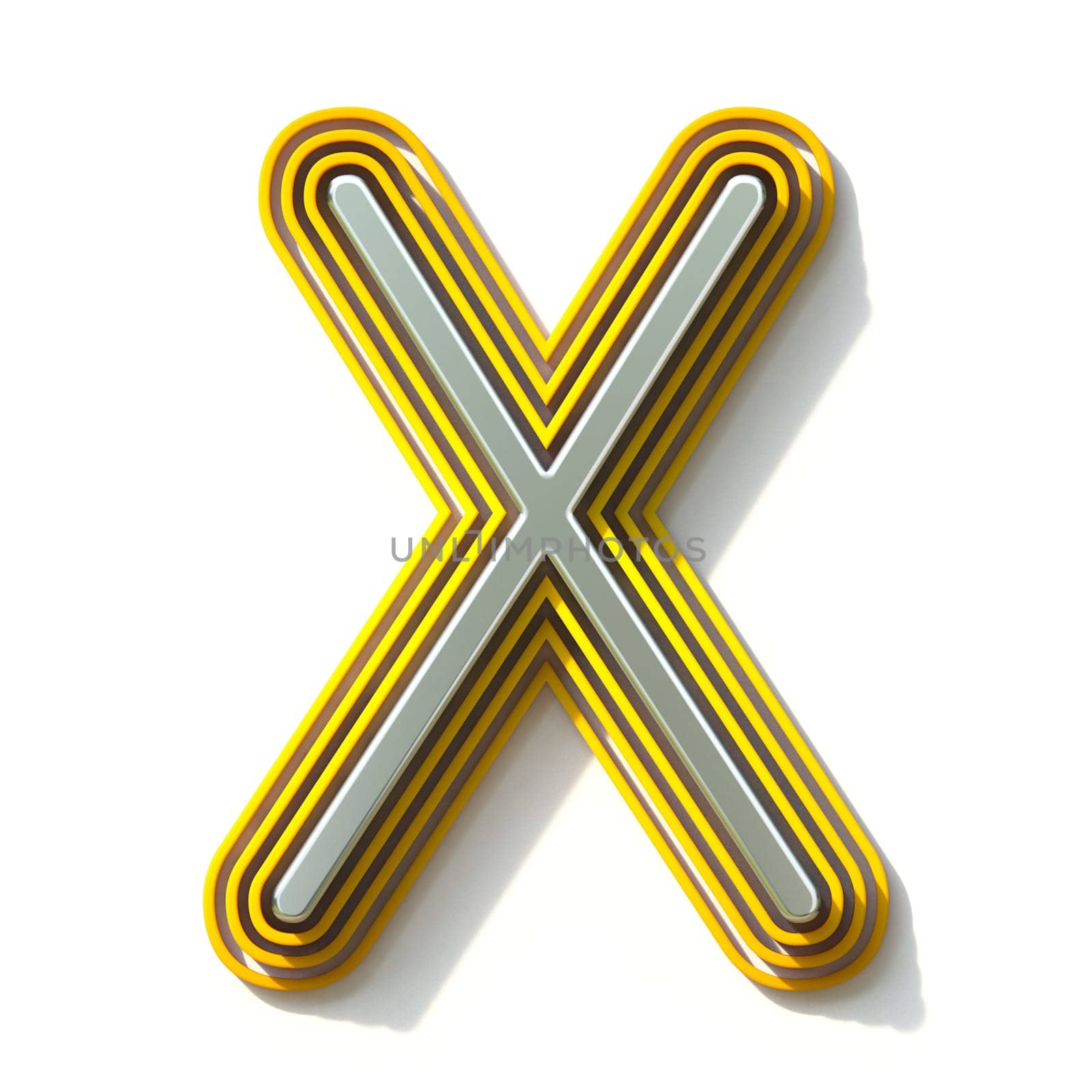 Yellow outlined font letter X 3D render illustration isolated on white background