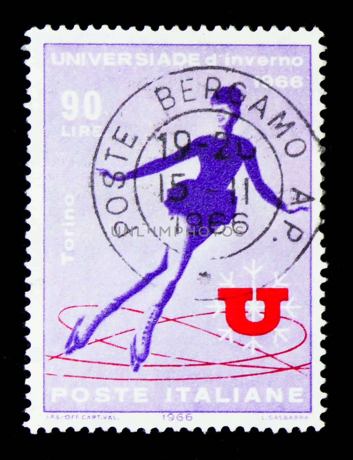MOSCOW, RUSSIA - APRIL 15, 2018: A stamp printed in Italy shows Ice skater, University Winter Games serie, circa 1966
