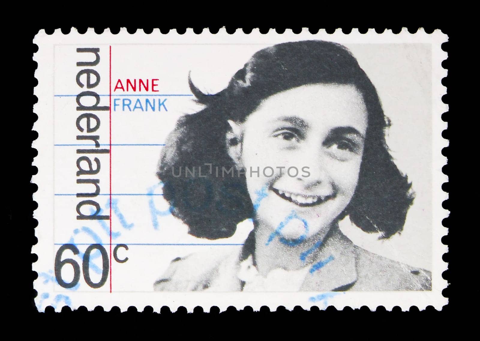 MOSCOW, RUSSIA - MAY 13, 2018: A stamp printed in Netherlands shows Family portrait of Anne Frank, Occupation and liberation serie, circa 1980