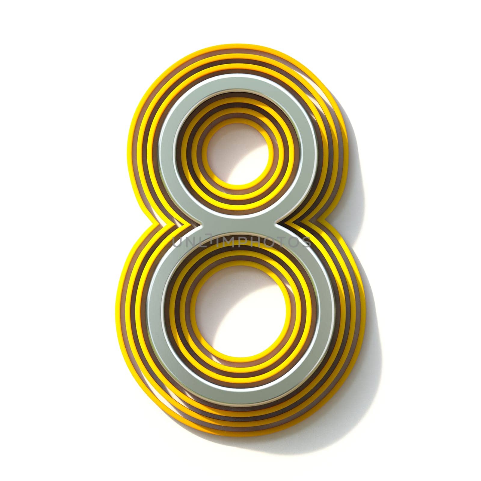 Yellow outlined font Number 8 EIGHT 3D render illustration isolated on white background