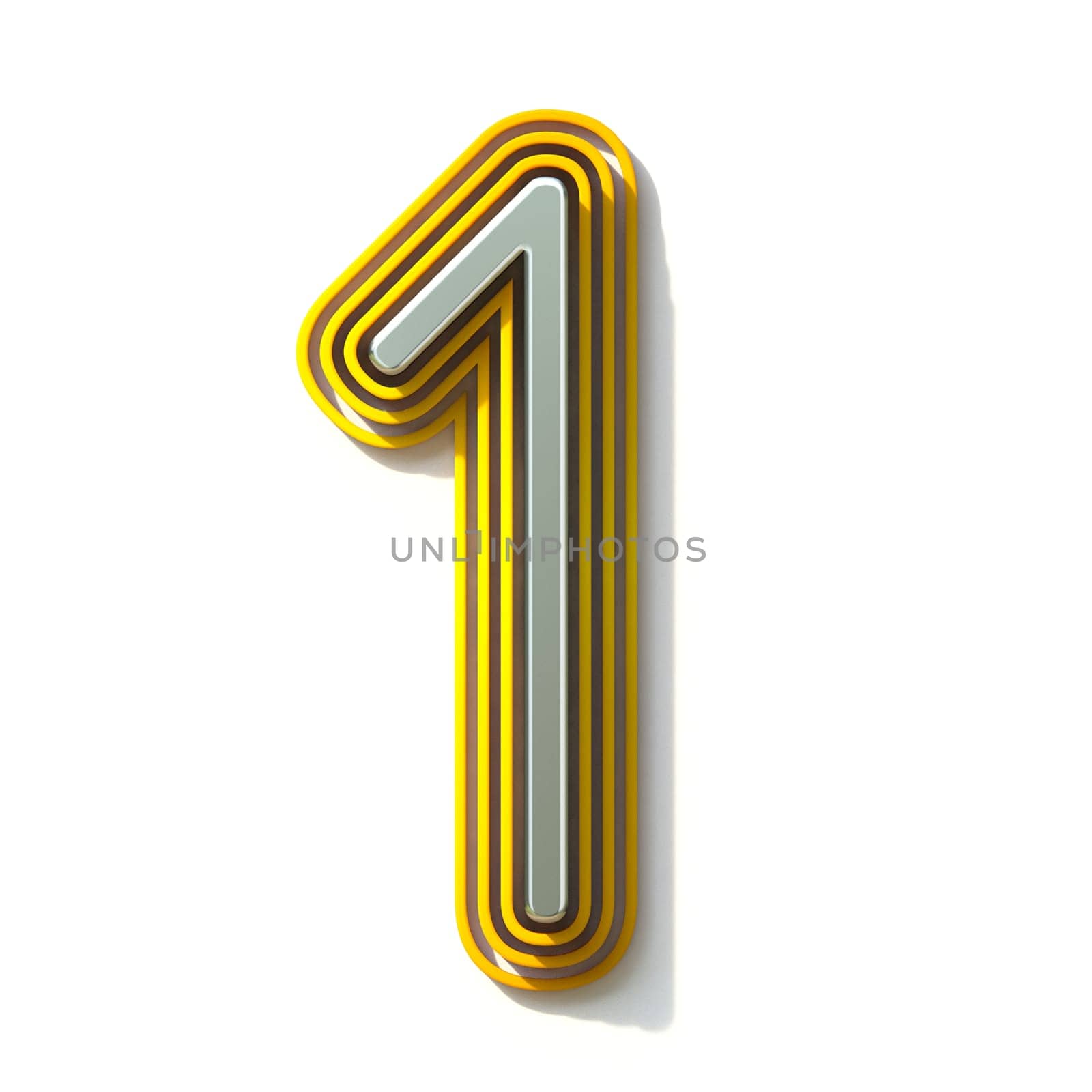 Yellow outlined font Number 1 ONE 3D render illustration isolated on white background