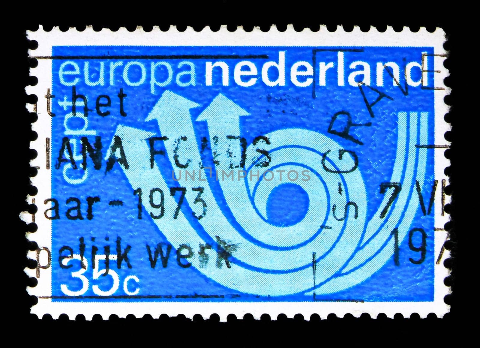 MOSCOW, RUSSIA - MAY 13, 2018: A stamp printed in Netherlands shows C.E.P.T. - Posthorn, serie, circa 1973