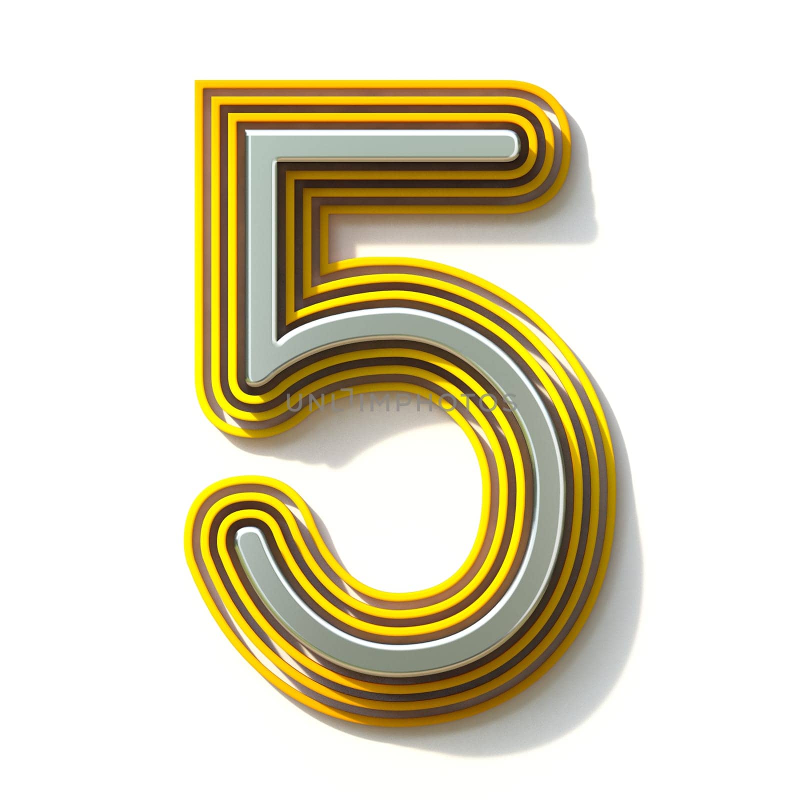 Yellow outlined font Number 5 FIVE 3D render illustration isolated on white background