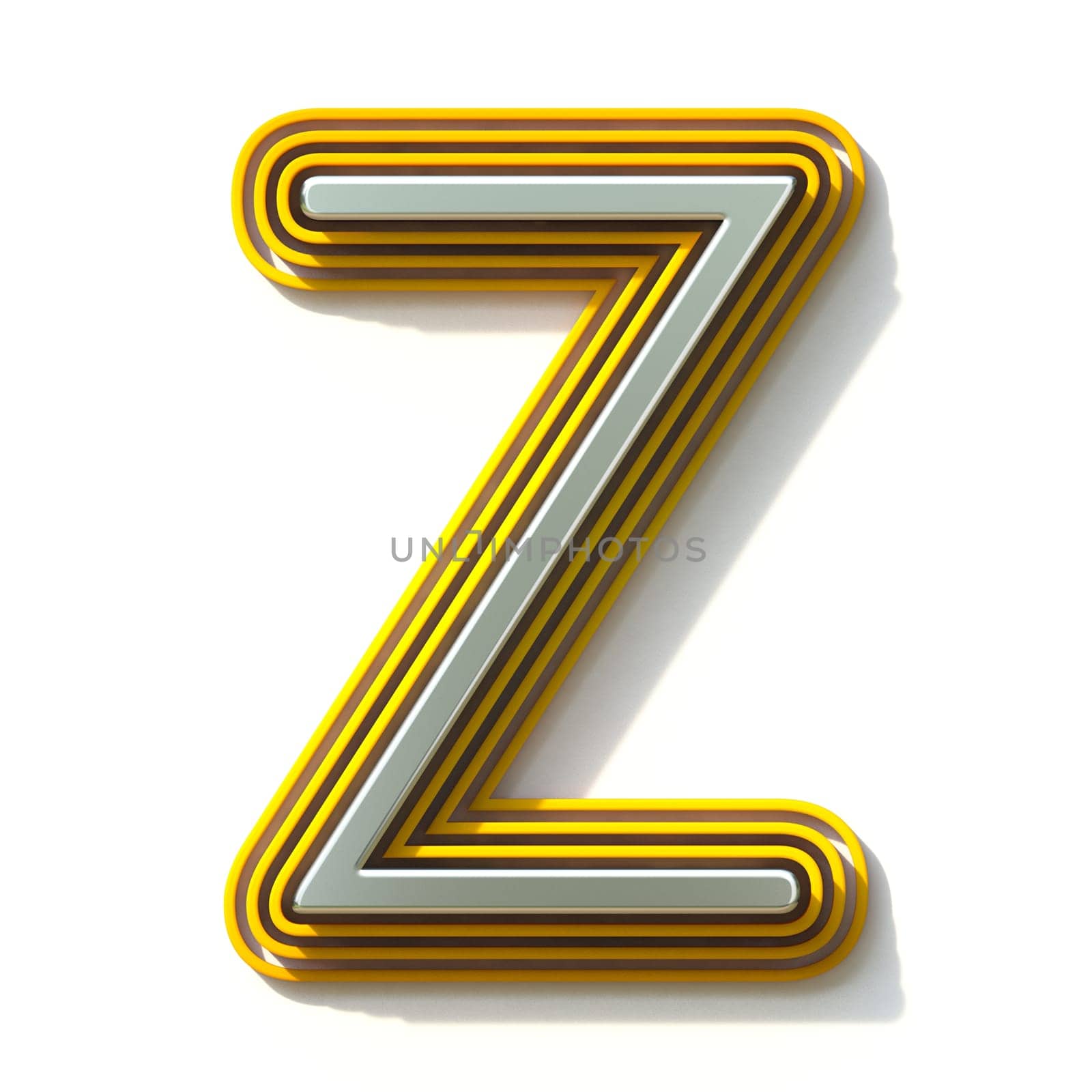 Yellow outlined font letter Z 3D render illustration isolated on white background