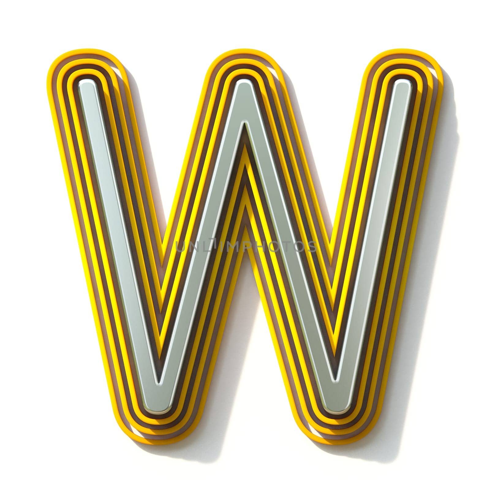 Yellow outlined font letter W 3D render illustration isolated on white background