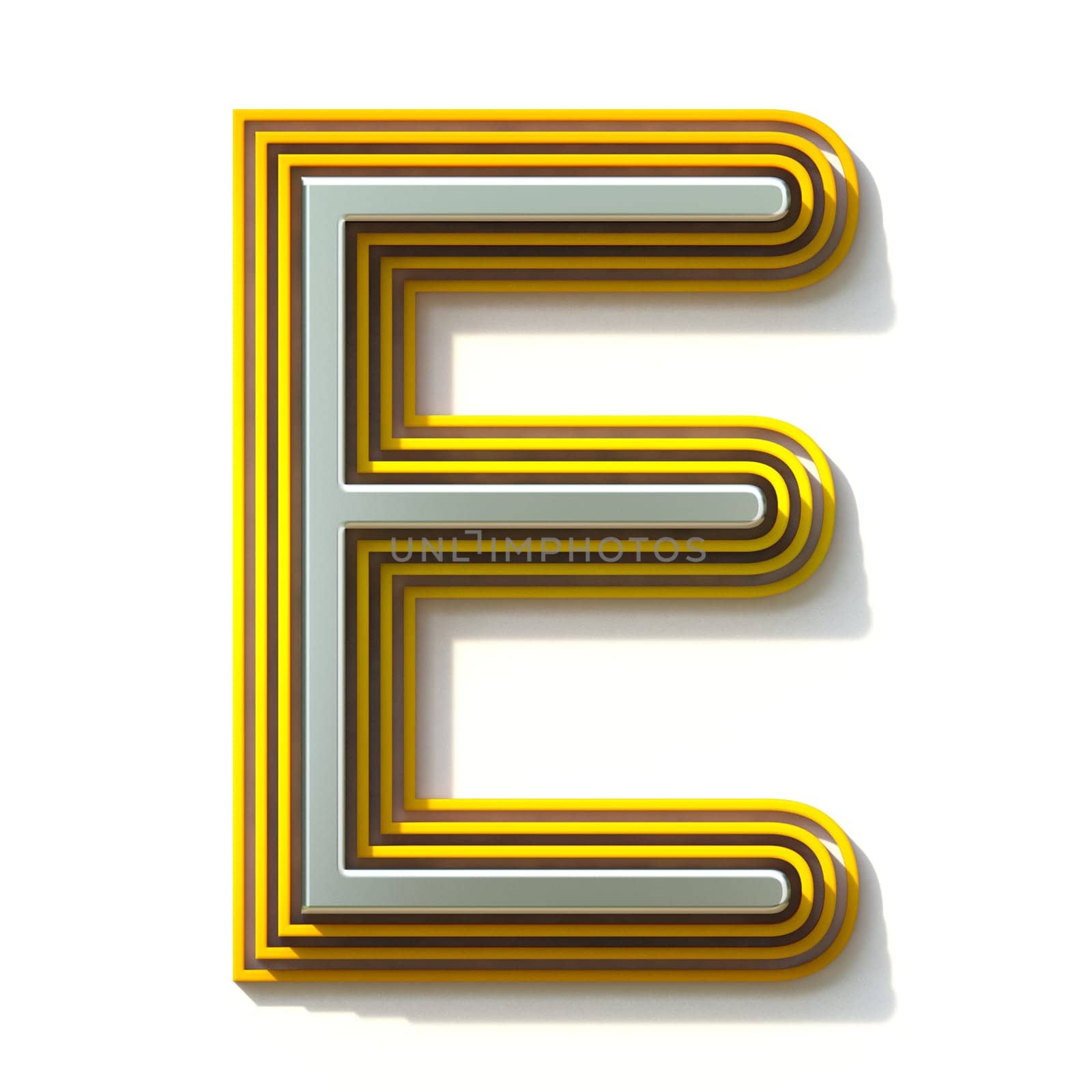 Yellow outlined font letter E 3D render illustration isolated on white background