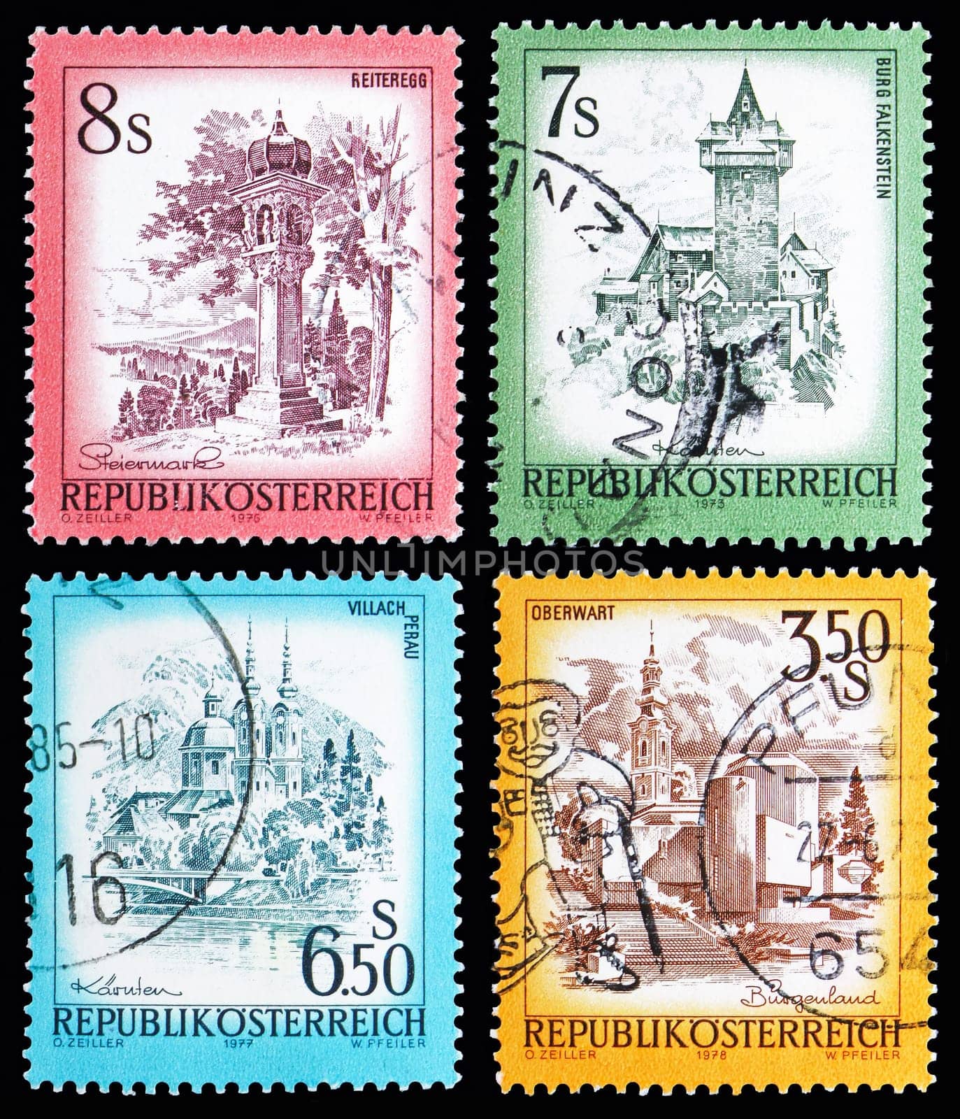 MOSCOW, RUSSIA - MAY 13, 2018: Four postage stamps printed in Austria shows Castles, Beautiful Austria serie, circa 1973-1978