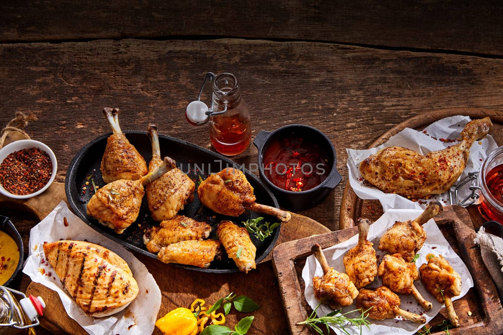 Summer picnic buffet with grilled spicy chicken portions on a rustic wooden table viewed from above with copy space