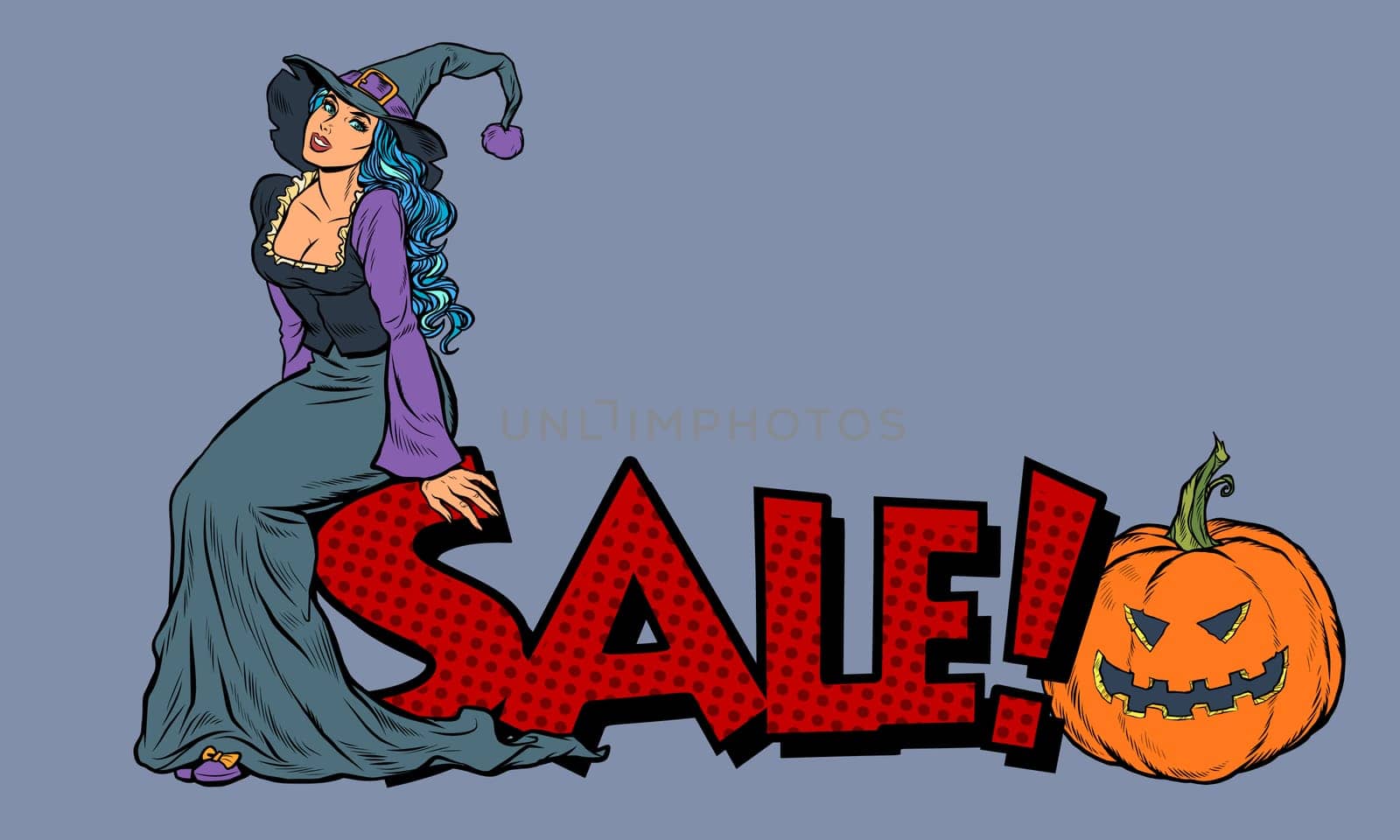Halloween sale. Witch and pumpkin. Pop art retro vector illustration kitsch vintage drawing