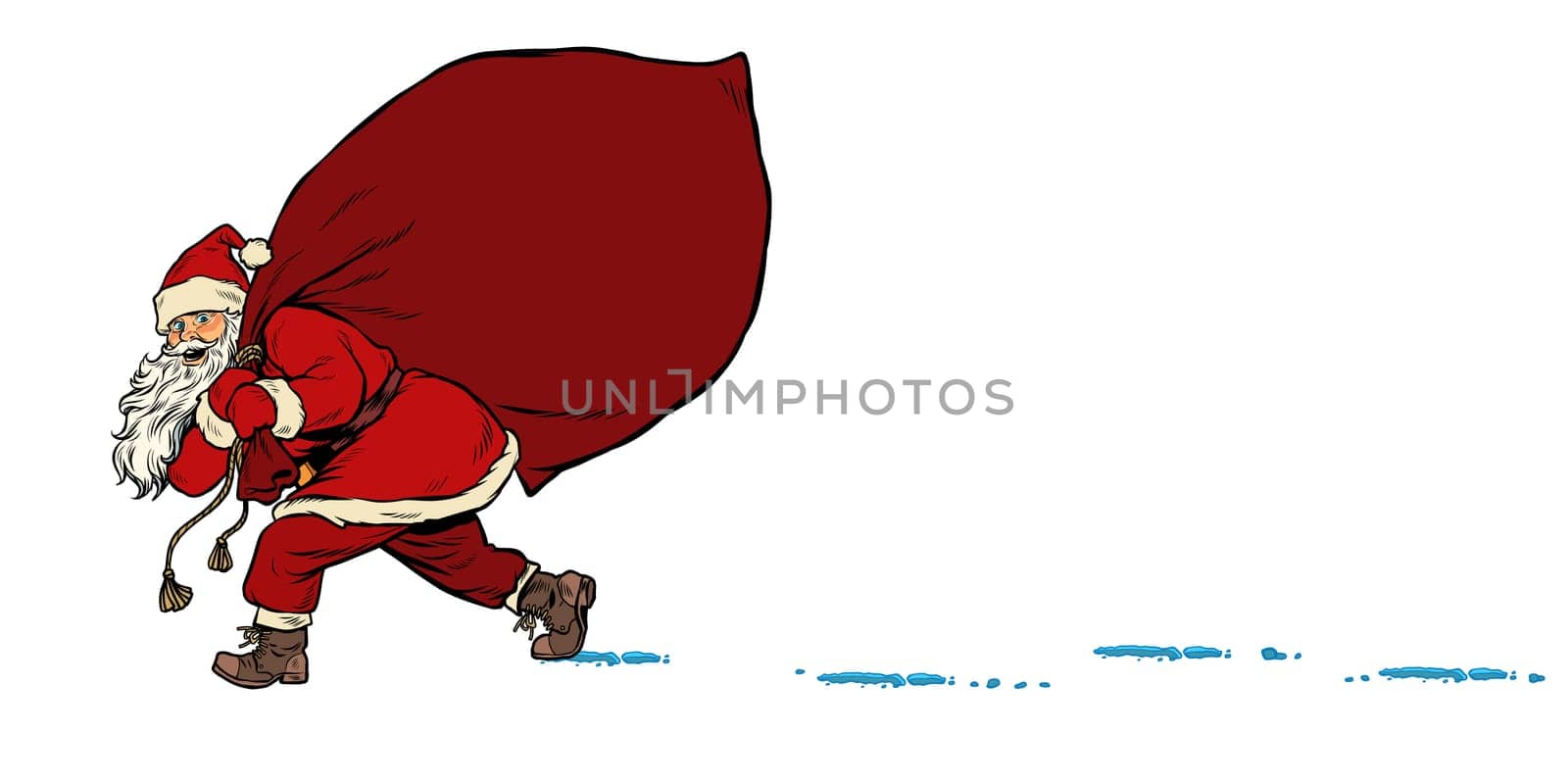 Santa with a bag of gifts. Christmas and New year. Pop art retro vector illustration kitsch vintage drawing