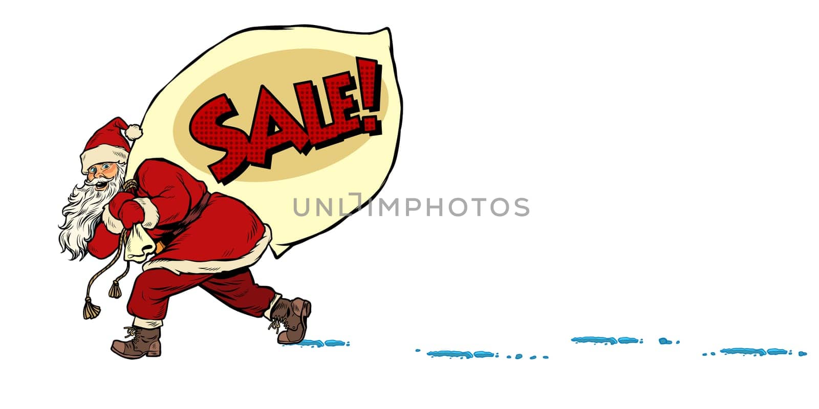 Christmas sale business concept. Santa with a bag of gifts. Christmas and New year. Pop art retro vector illustration kitsch vintage drawing