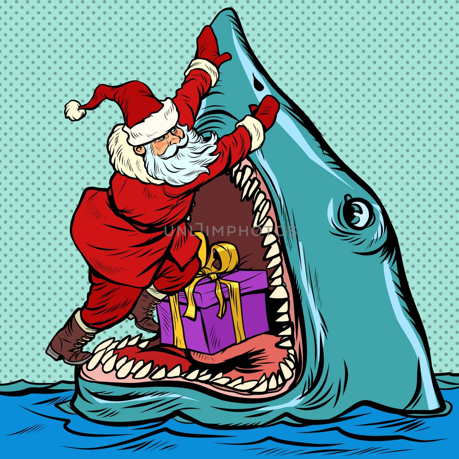 Santa Claus pushes Christmas gift into shark mouth. Pop art retro vector illustration kitsch vintage drawing