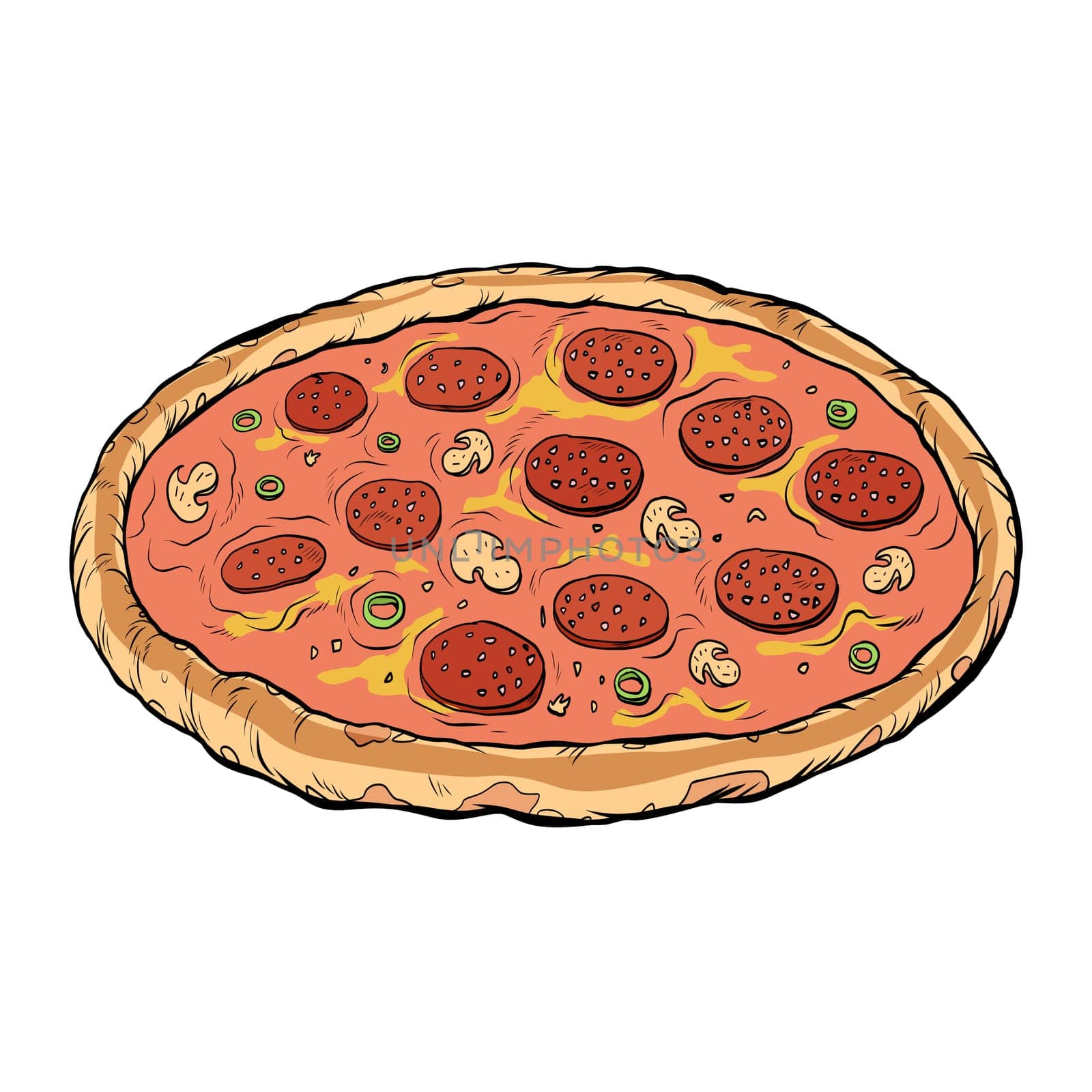 pizza sausage mushrooms. Pop art retro vector illustration drawing