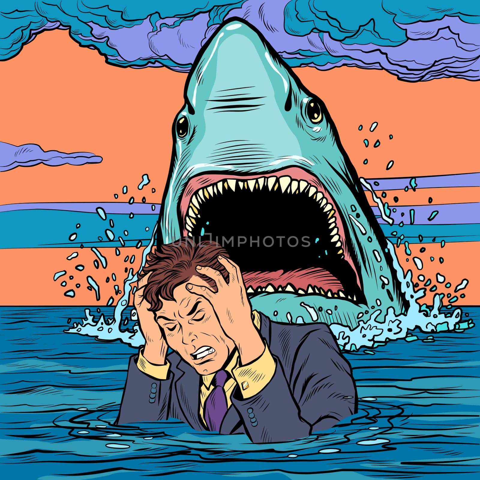 The shark attacks the businessman. Man afraid. Pop art retro vector illustration drawing