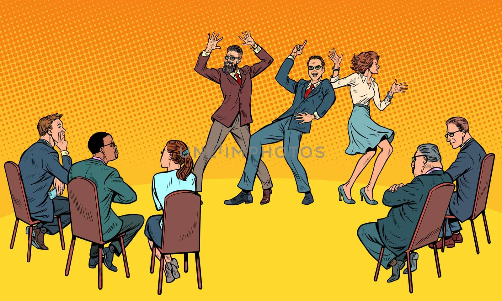 Dance competition. Dancing people and jury. Pop art retro vector illustration drawing