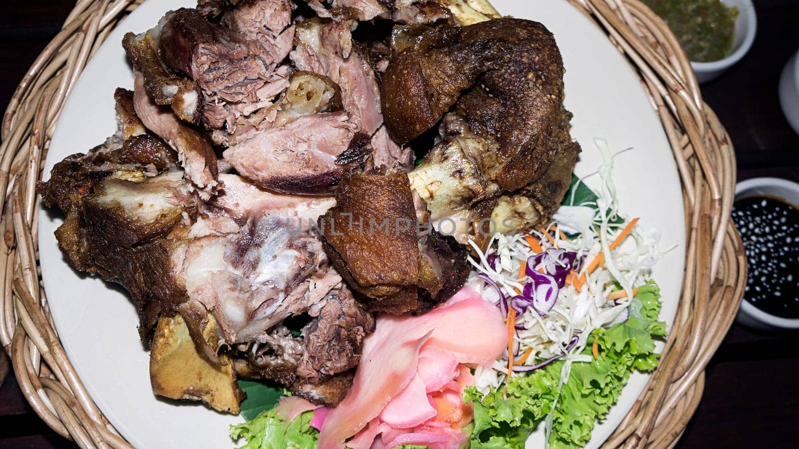 pork knee dish grill closeup bone gourmet
