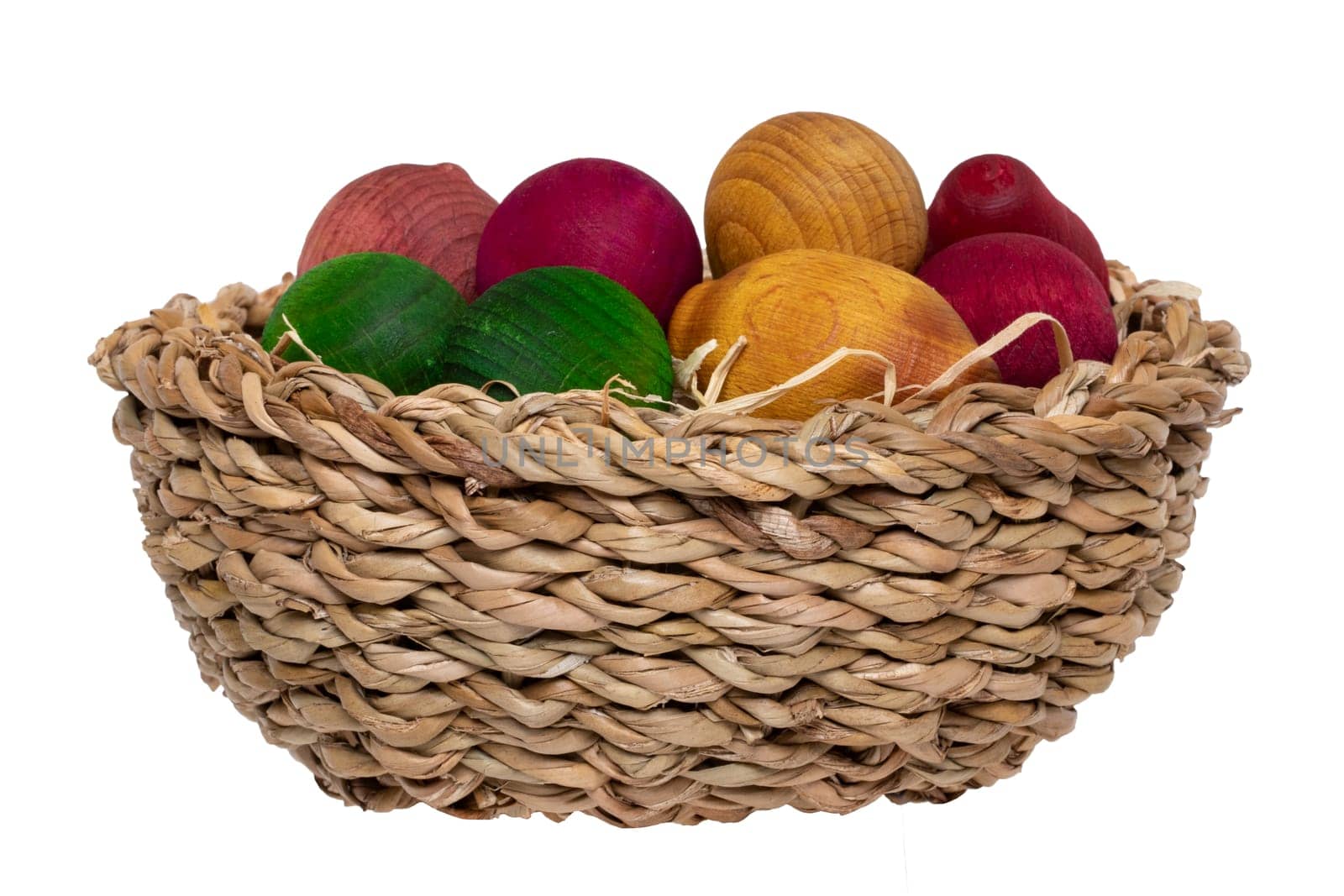 Air fresheners. Closeup of the air freshener in a brown straw basket made of wooden balls and aromatized with essential oils. Macro of a nice gift isolated on a white background.