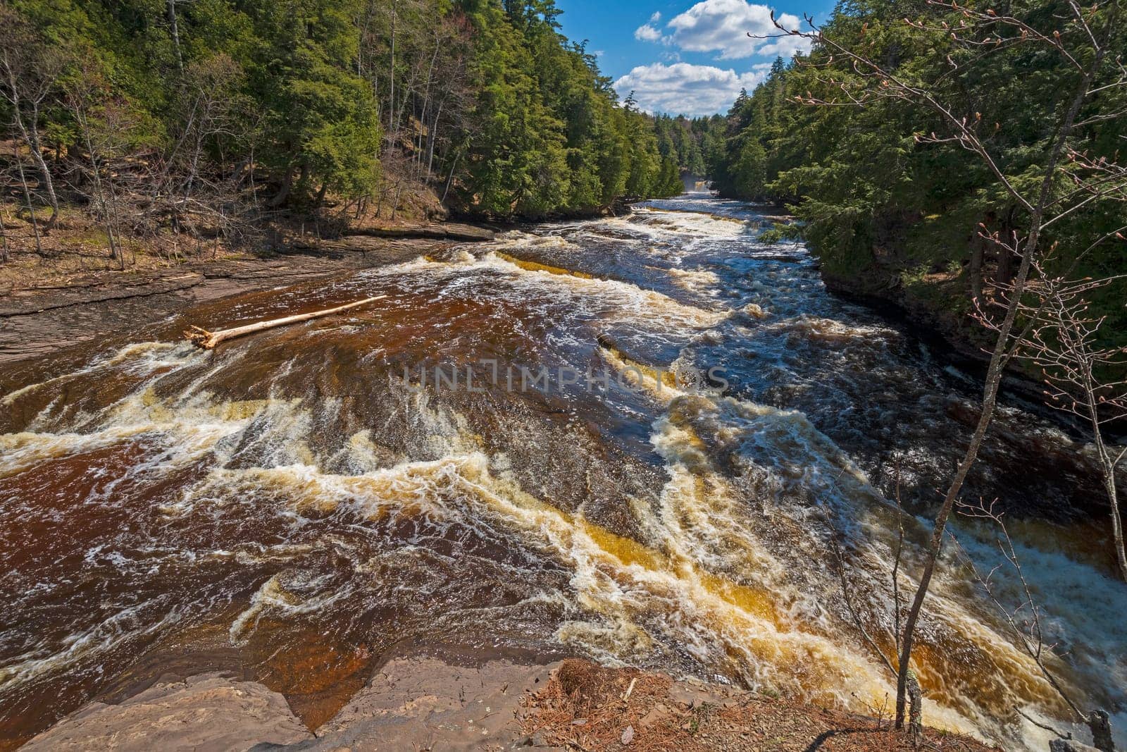 Dramatic Cascades on the Presque Isle River in Spring in Porcupine Mountains State Park in Michigan