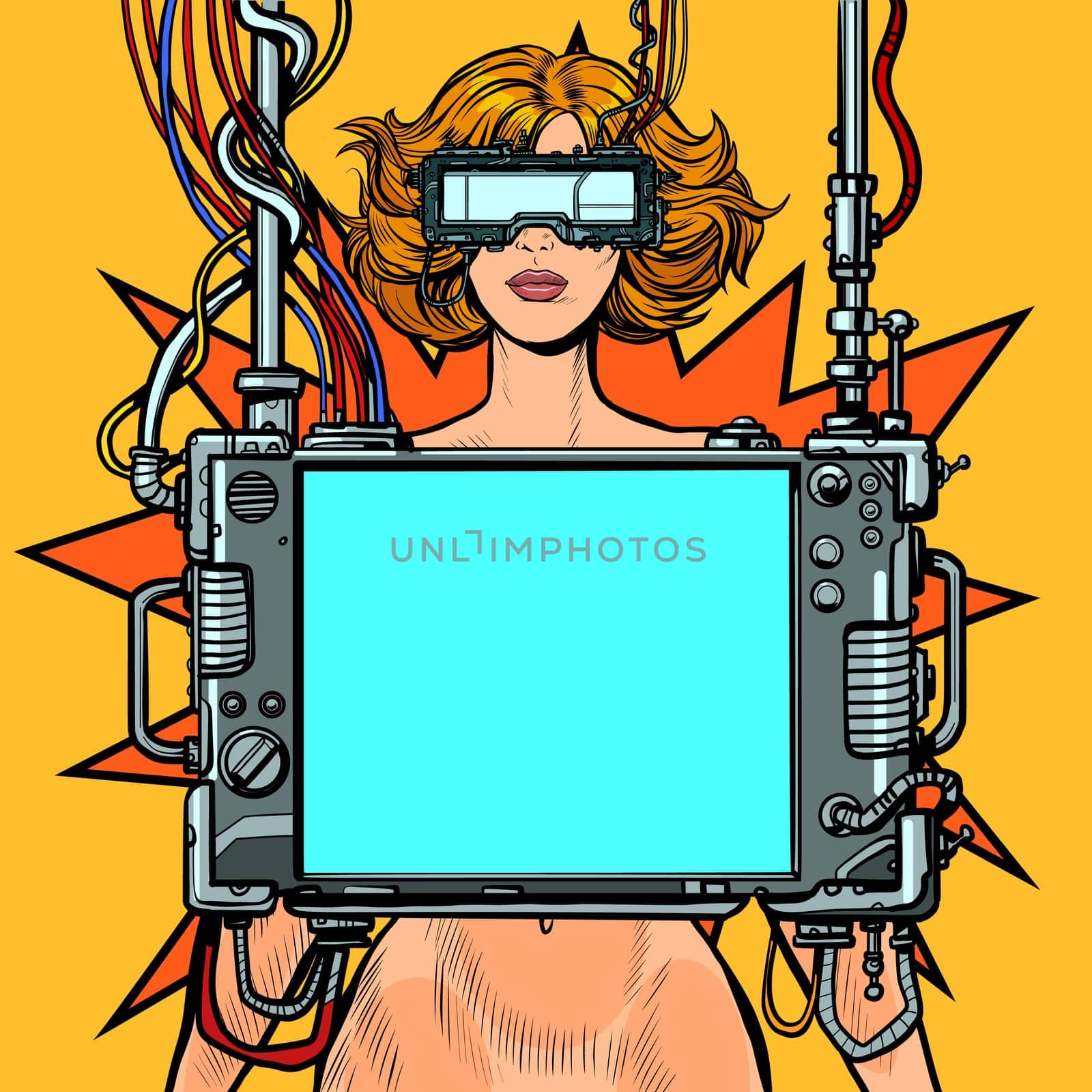medical research. Cyberpunk naked woman virtual reality concept. Pop art retro vector illustration drawing vintage kitsch