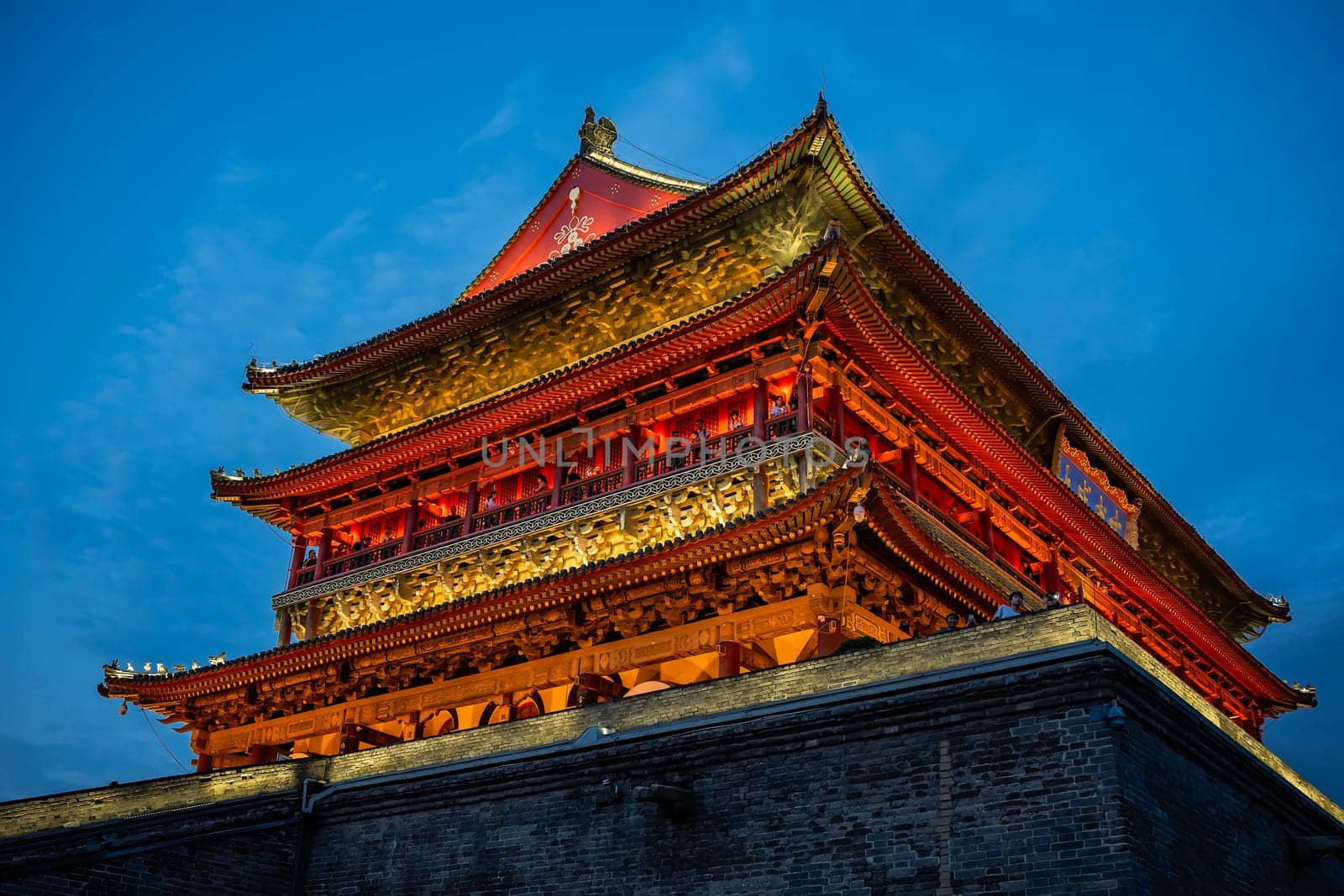 Xian, China -  July 2019 : Xian Bell Drum Tower beautifully lit and illuminated at night, Shaaxi Province