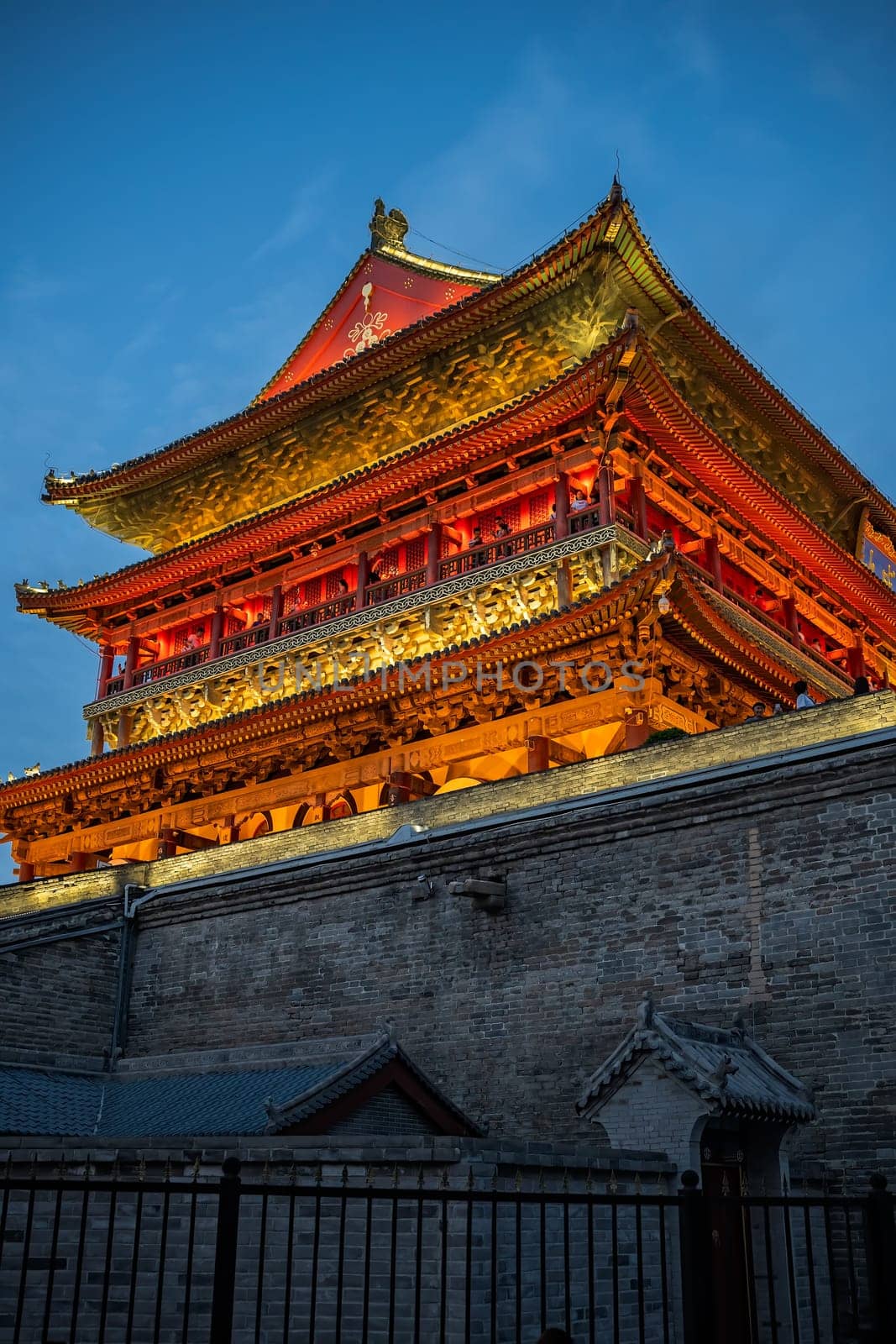 Xian, China -  July 2019 : Xian Bell Drum Tower beautifully lit and illuminated at night, Shaaxi Province