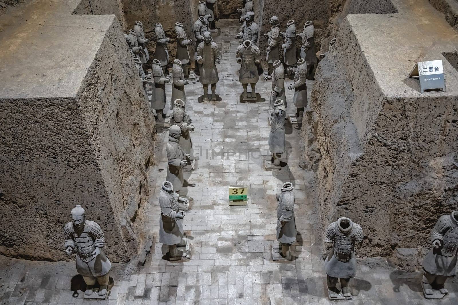 Xian, China -  July 2019 : Standing clay soldiers forming part of an army of terracota warriors, created during the reign of first chinese emperor Qin Shi Huang Di, Shaanxi Province
