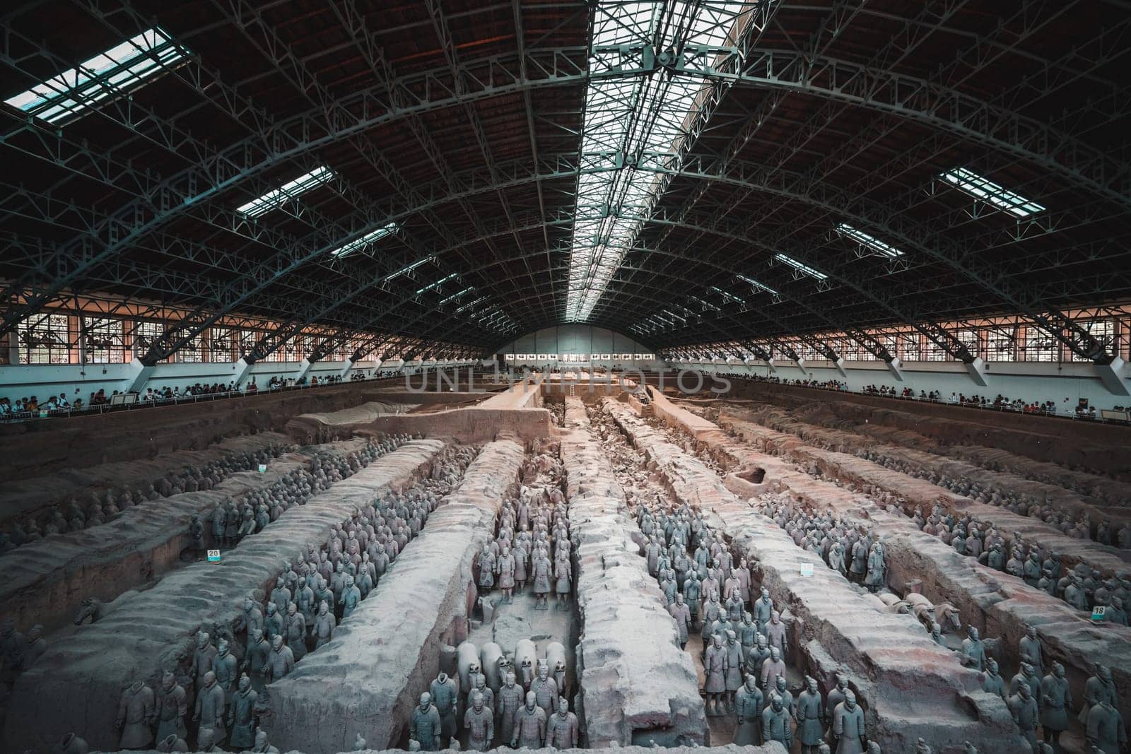 Xian, China -  July 2019 : An army of terracota clay soldiers, created during the reign of first chinese emperor Qin Shi Huang Di, Xian, Shaanxi Province