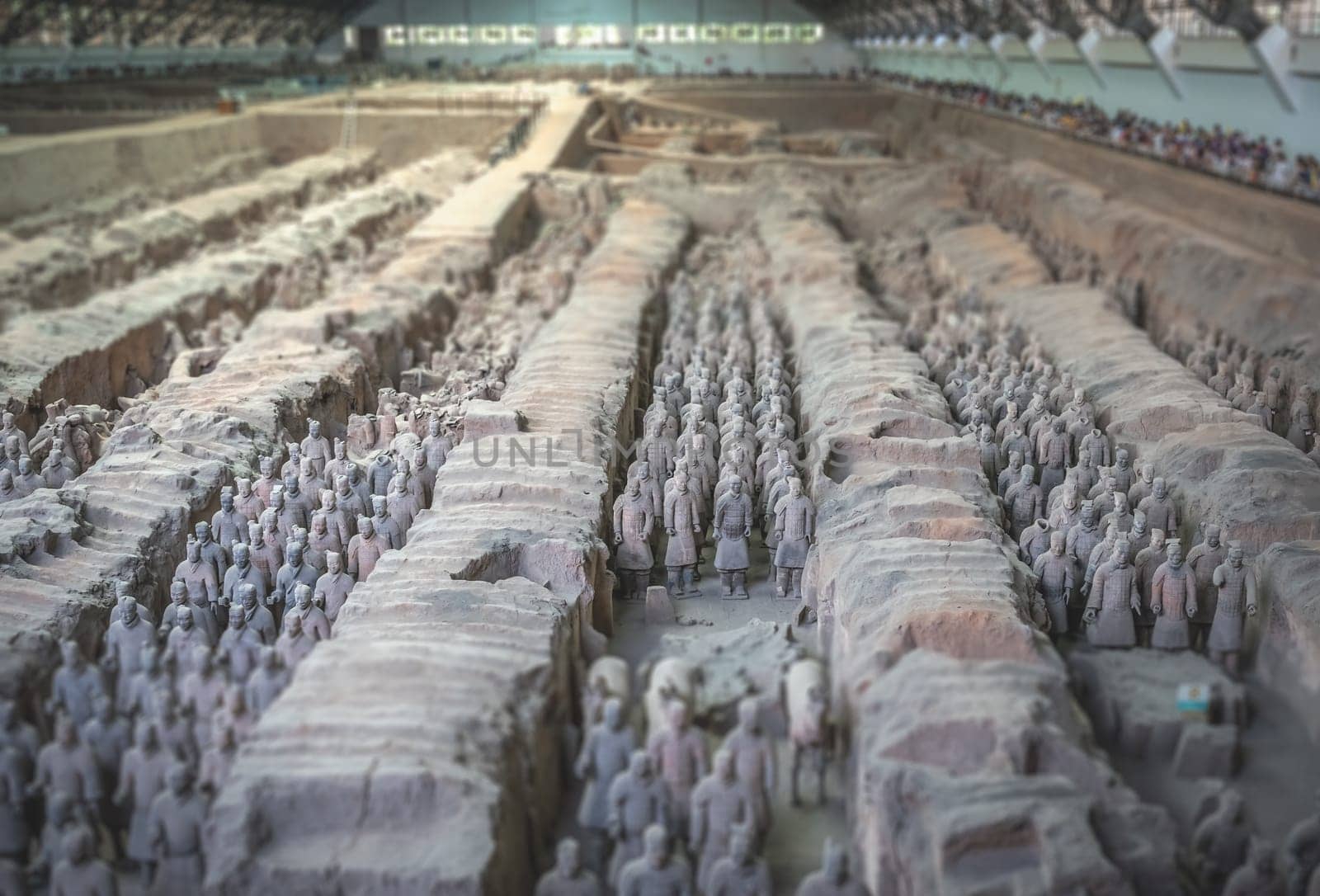 Xian, China -  July 2019 :  Standing clay soldiers forming part of an army of terracota warriors, created during the reign of first chinese emperor Qin Shi Huang Di, Shaanxi Province