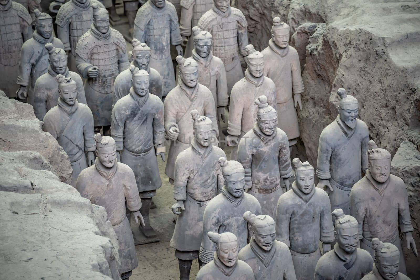 Xian, China -  July 2019 :  Standing clay soldiers forming part of an army of terracota warriors, created during the reign of first chinese emperor Qin Shi Huang Di,Shaanxi Province